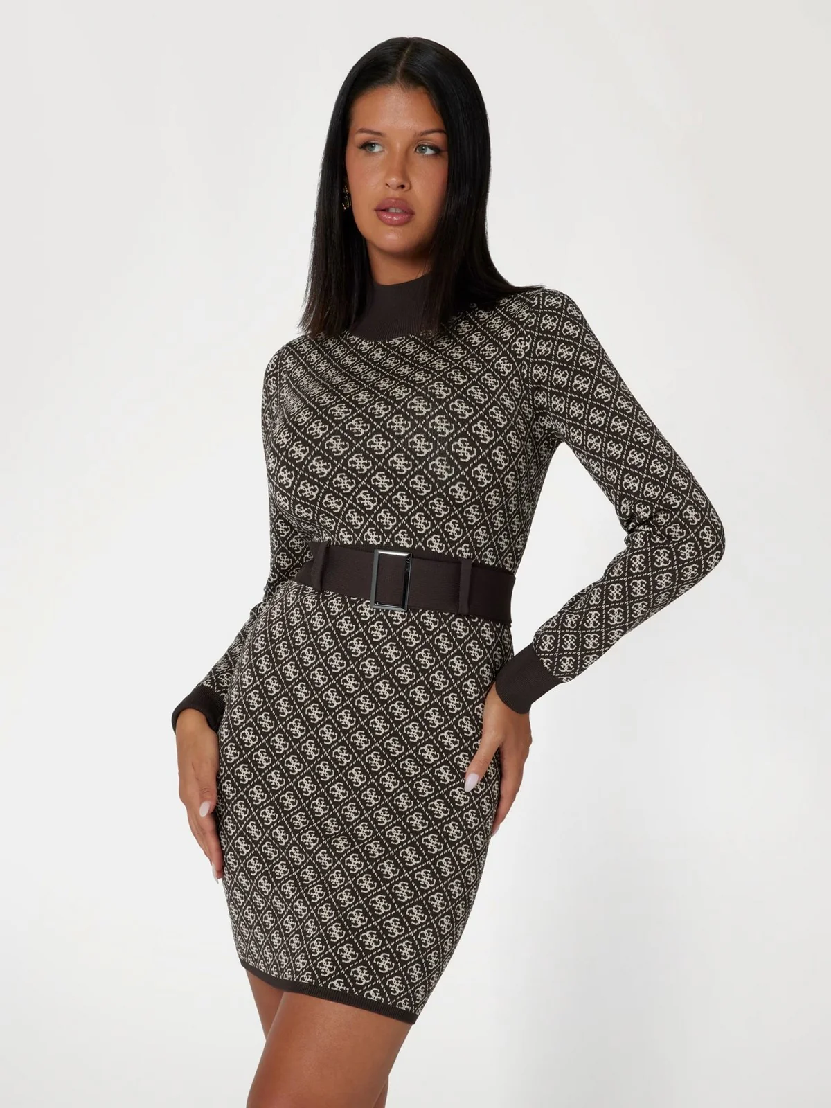 GUESS Abito Donna LISE 4G LS BELTED DRESS SWTR W4BK43 Z37K0 FN0T Marrone - Image 2