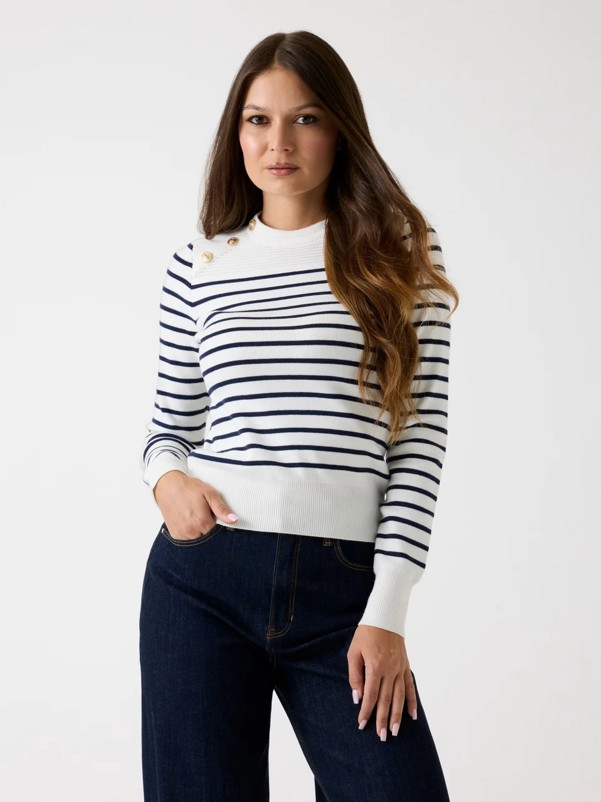 GUESS Maglione Donna LS CN HELEN SWTR W5BR36 Z0422 S00J CREAM AND BLUE STRIP - Image 2