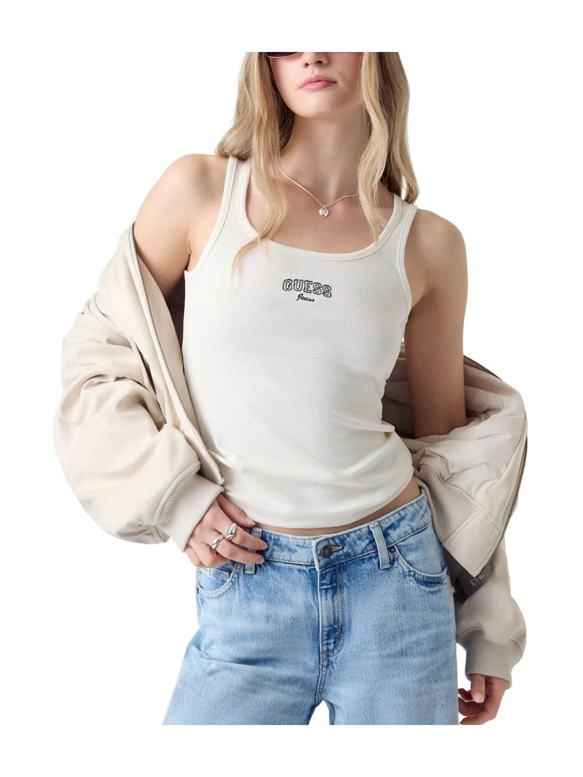GUESS Canotta Donna GJ TANK TOP SLIM RIB EMBRO W6RP20 KA0H1 G053 SANDY SHORE - Image 2