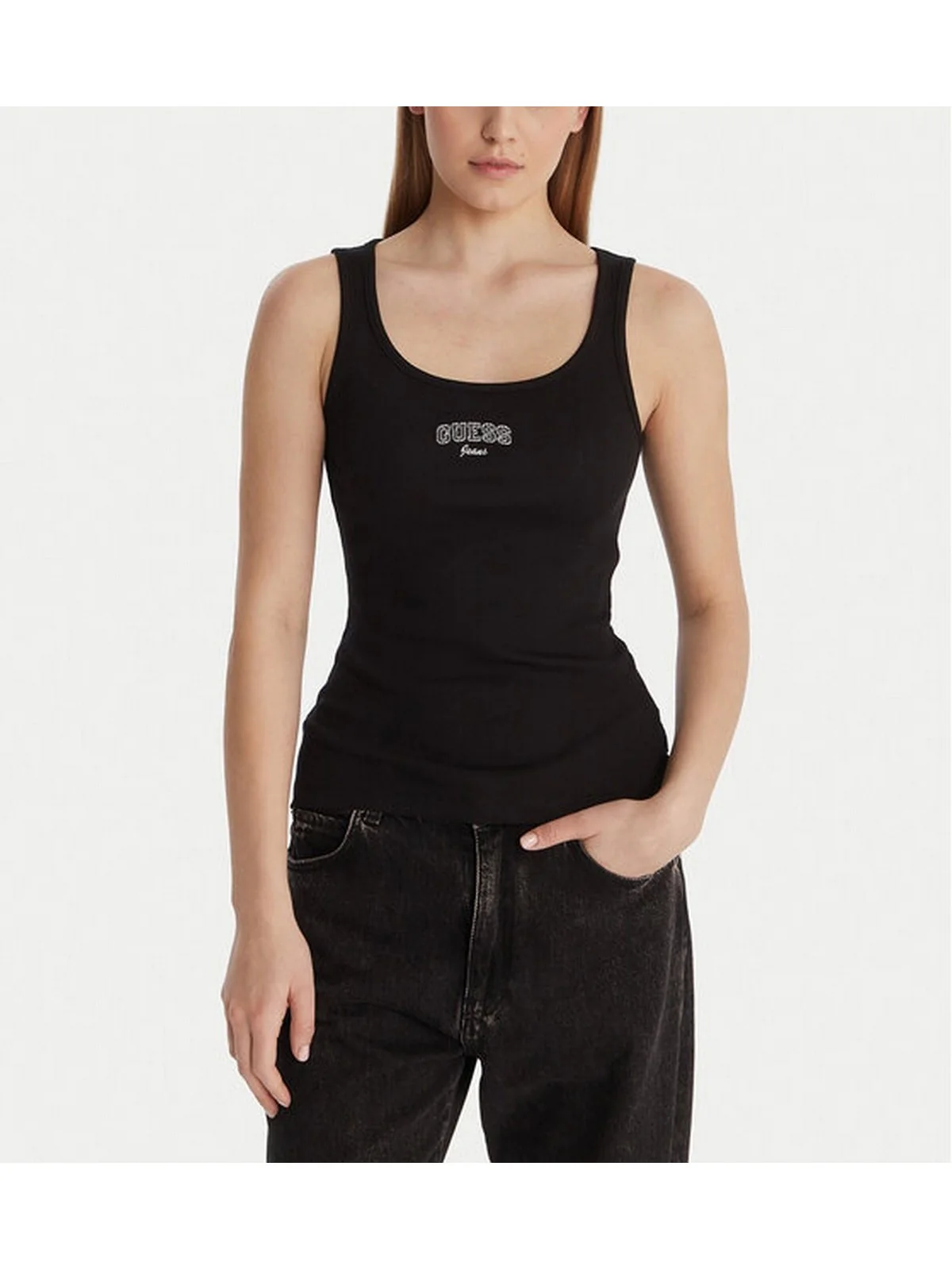 GUESS Canotta Donna GJ TANK TOP SLIM RIB EMBRO W6RP20 KA0H1 JBLK Jet Black A996 - Image 3