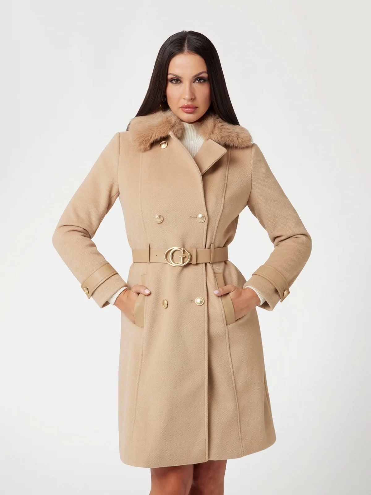 GUESS Cappotto Donna AMELIA DOUBLE BREAST BELT COAT W4BL46 WGKI2 G1FE Beige - Image 2