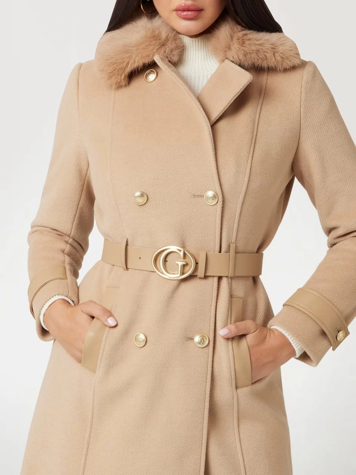 GUESS Cappotto Donna AMELIA DOUBLE BREAST BELT COAT W4BL46 WGKI2 G1FE Beige - Image 5