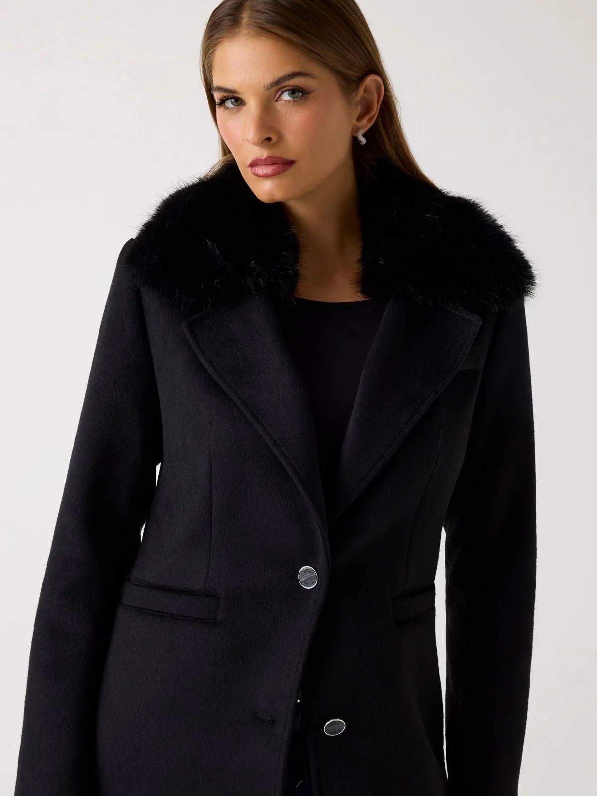 GUESS Cappotto Donna KAROLE FUR COLLAR COAT W5BL19 W2642 JBLK Jet Black A996 - Image 5