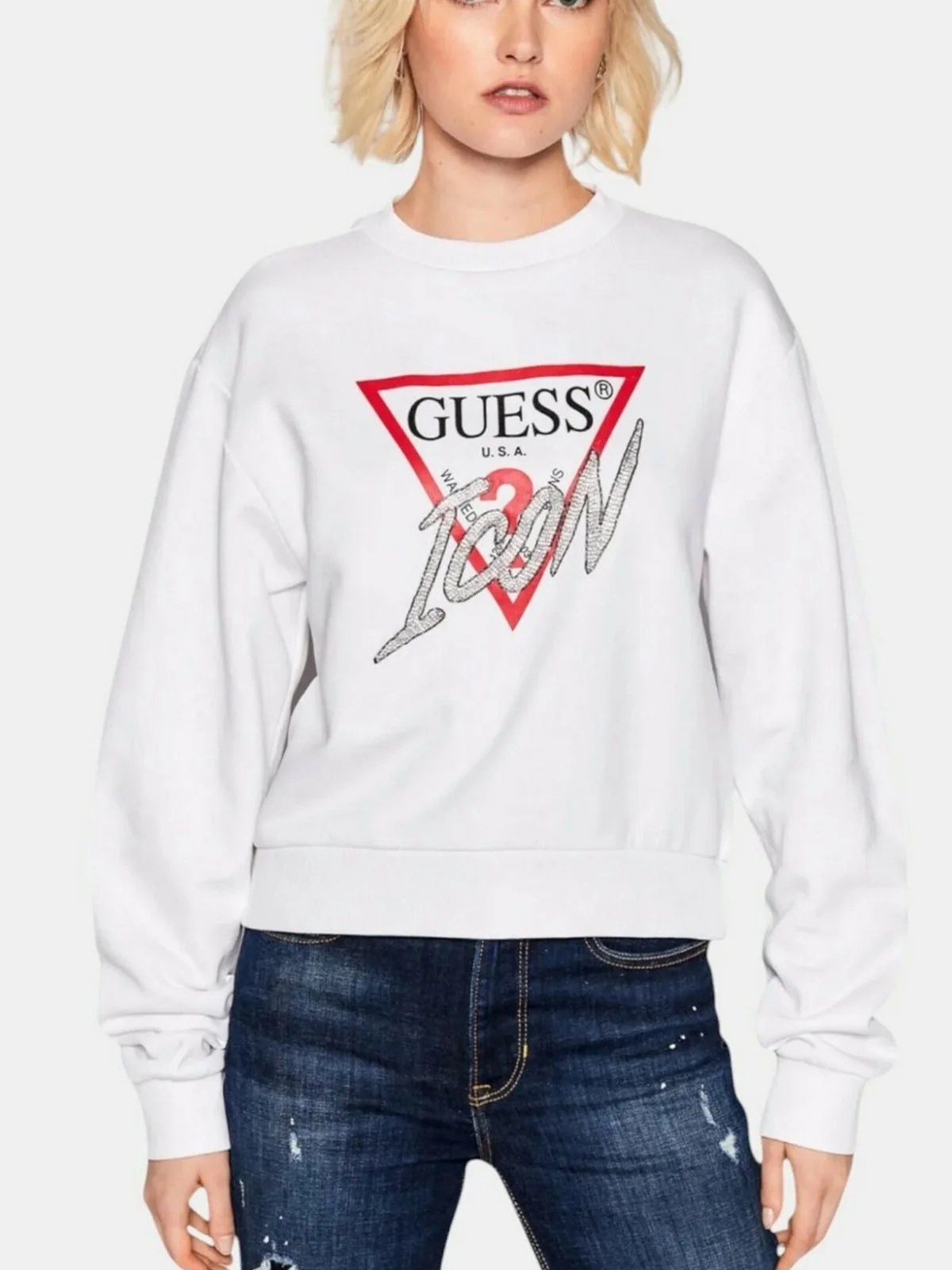 GUESS Felpa Donna CN LOVE TRIANGLE SWEATSHIRT W5RQ04 KB683 G012 Bianco - Image 2
