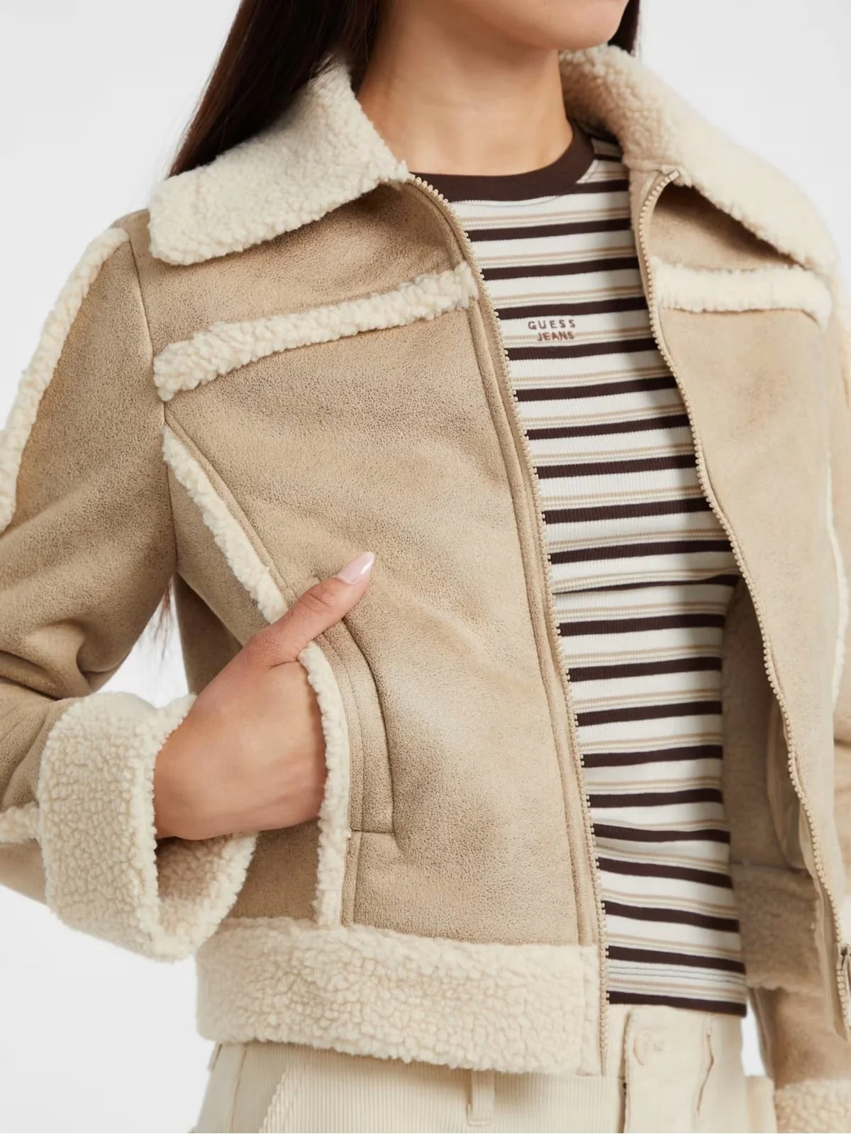 GUESS Giubbino Donna GJ FAUX SHEARLING JKT W5BL13 W1862 A117 SAFARI TAN - Image 4
