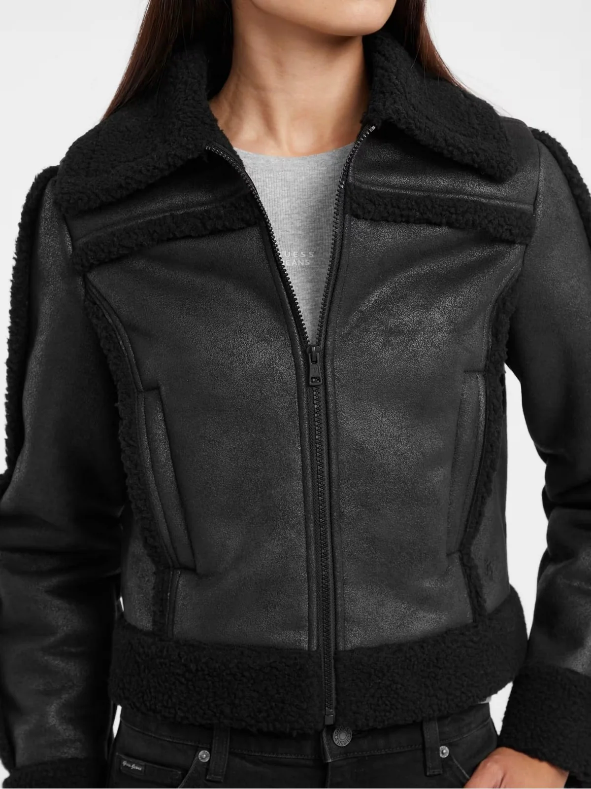 GUESS Giubbino Donna GJ FAUX SHEARLING JKT W5BL13 W1862 JBLK Jet Black A996 - Image 4