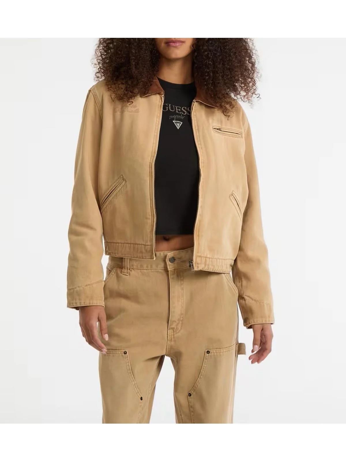 GUESS Giubbino Donna GO CROPPED WORKWEAR JACKET W5BN80 WG163 G1K9 HERB TAN - Image 3