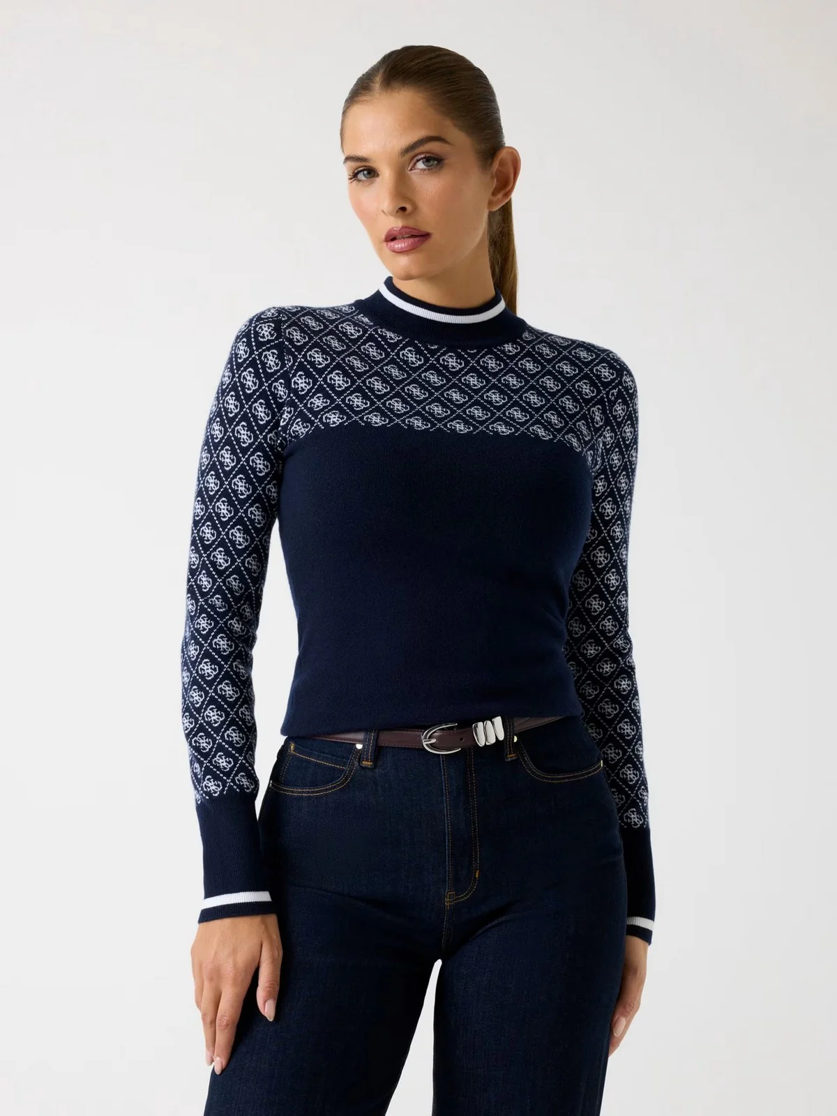 GUESS Maglione Donna LS MOCK NECK AUBREY 4G SWTR W5BR24 Z3JD2 FBDI 4G BLUE AND CREAM - Image 2
