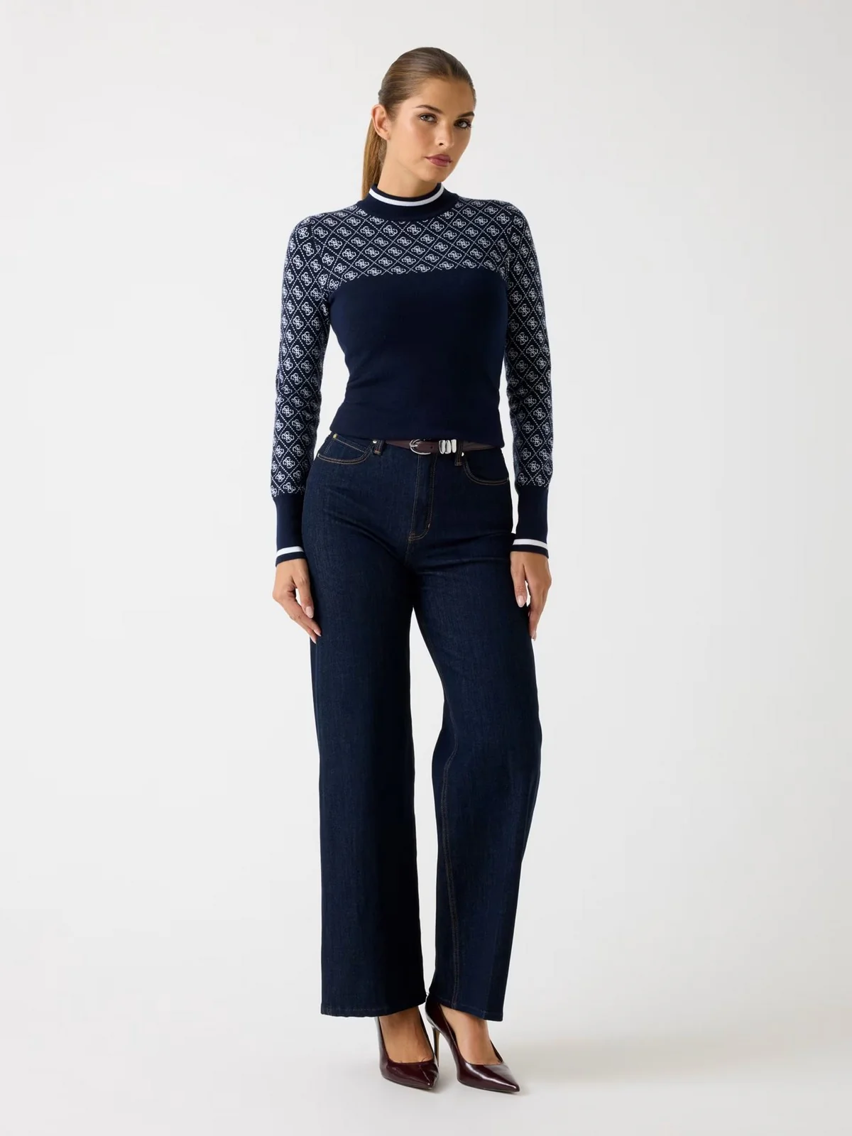 GUESS Maglione Donna LS MOCK NECK AUBREY 4G SWTR W5BR24 Z3JD2 FBDI 4G BLUE AND CREAM - Image 3