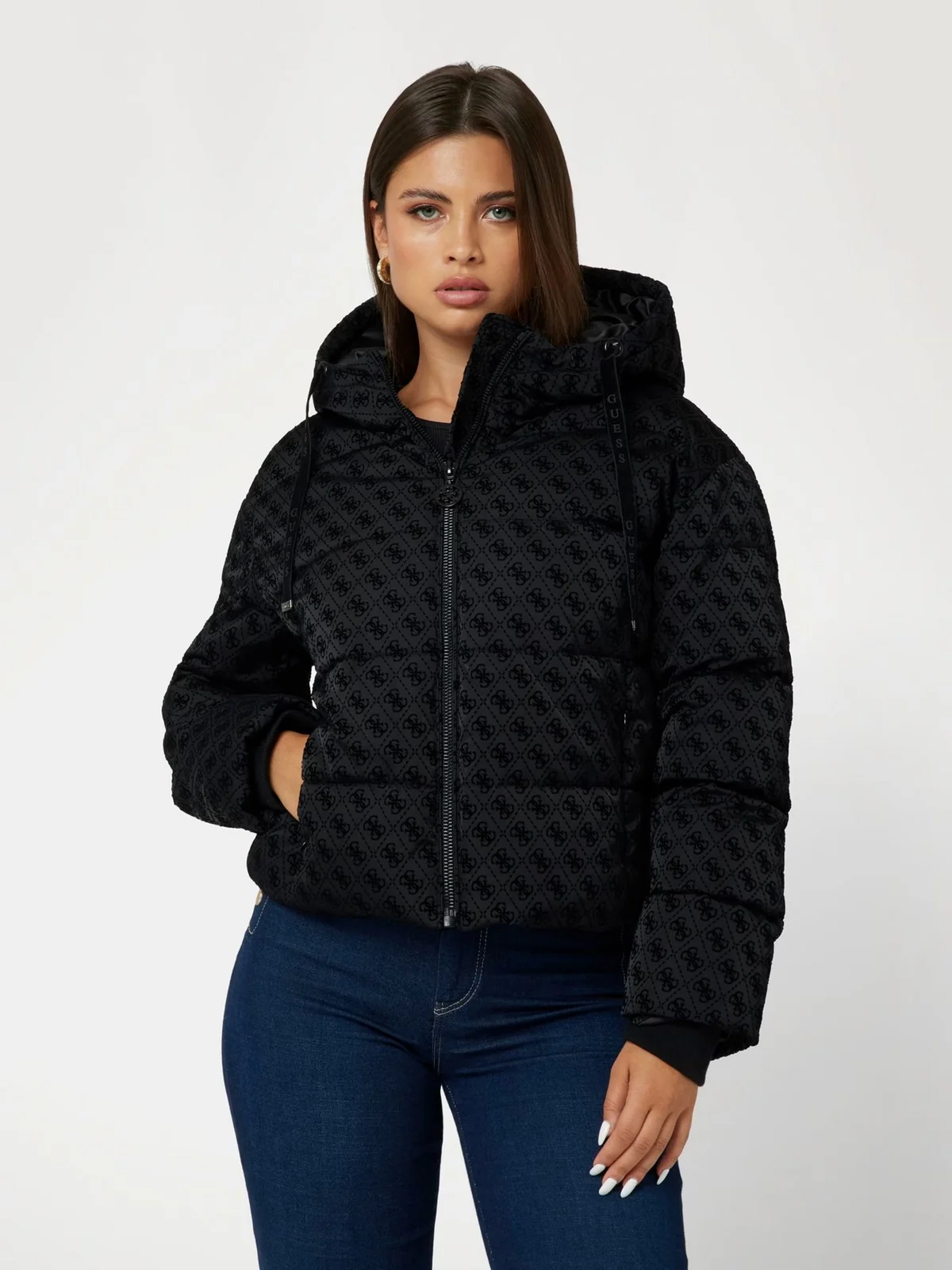 GUESS Piumino Donna DAISY PUFFER LOGO FLOCK W4BL36 WGJZ0 FJ55 Nero - Image 3