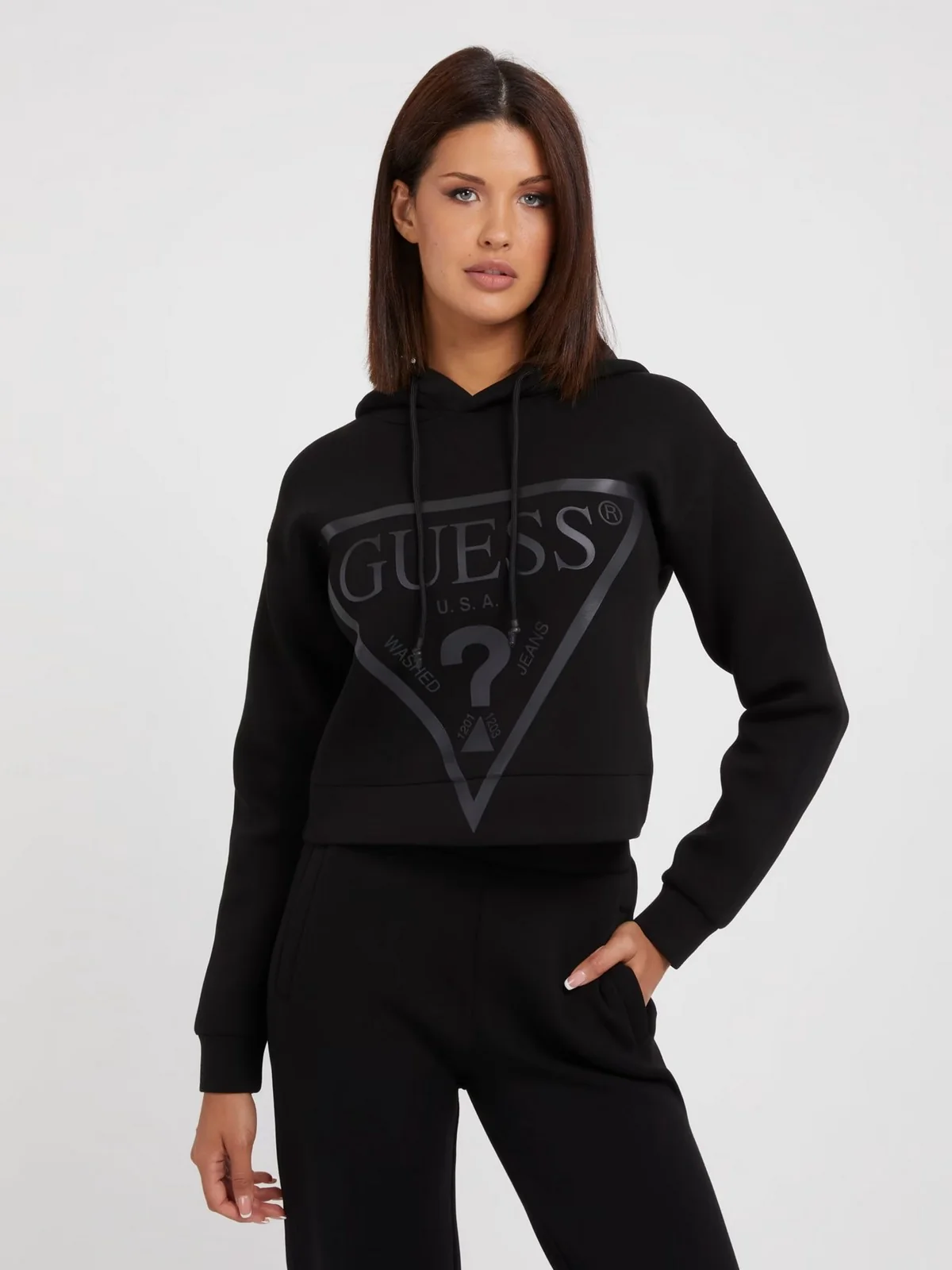 GUESS SPORT Felpa Donna NEW ALISA HOODED SWEATSHIRT V2YQ08 K7UW2 JBLK Jet Black A996 - Image 5