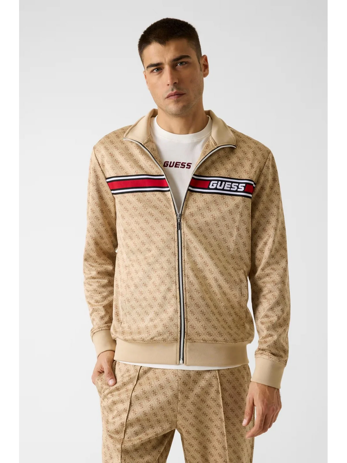 GUESS SPORT Felpa Uomo KORBIN FULL ZIP TRACKSUIT Z2BQ06 K7122 P13W 4G AOP BEIGE BLANCO - Image 2