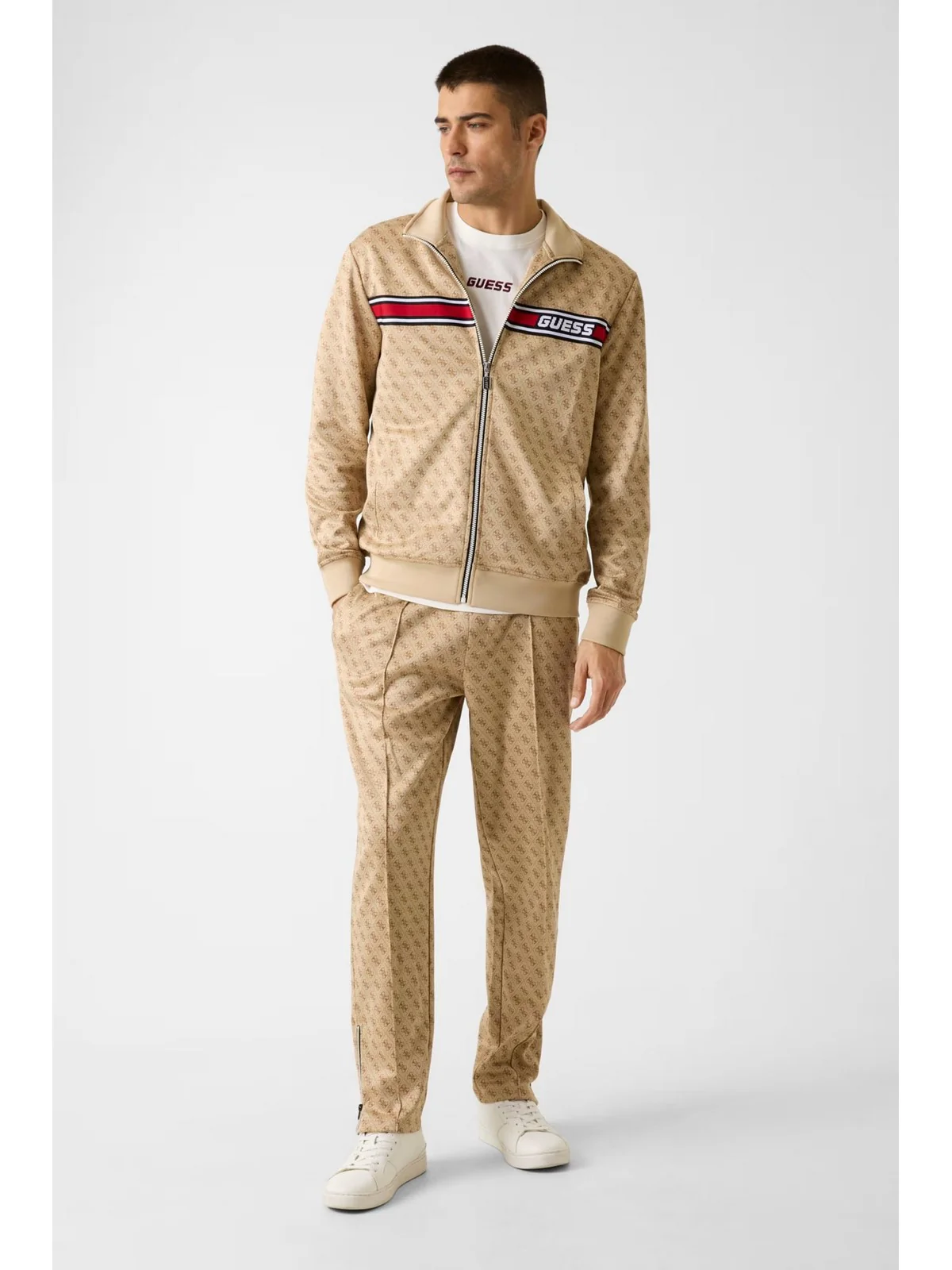 GUESS SPORT Felpa Uomo KORBIN FULL ZIP TRACKSUIT Z2BQ06 K7122 P13W 4G AOP BEIGE BLANCO - Image 3