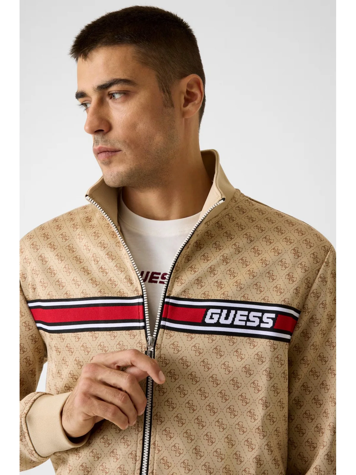 GUESS SPORT Felpa Uomo KORBIN FULL ZIP TRACKSUIT Z2BQ06 K7122 P13W 4G AOP BEIGE BLANCO - Image 5