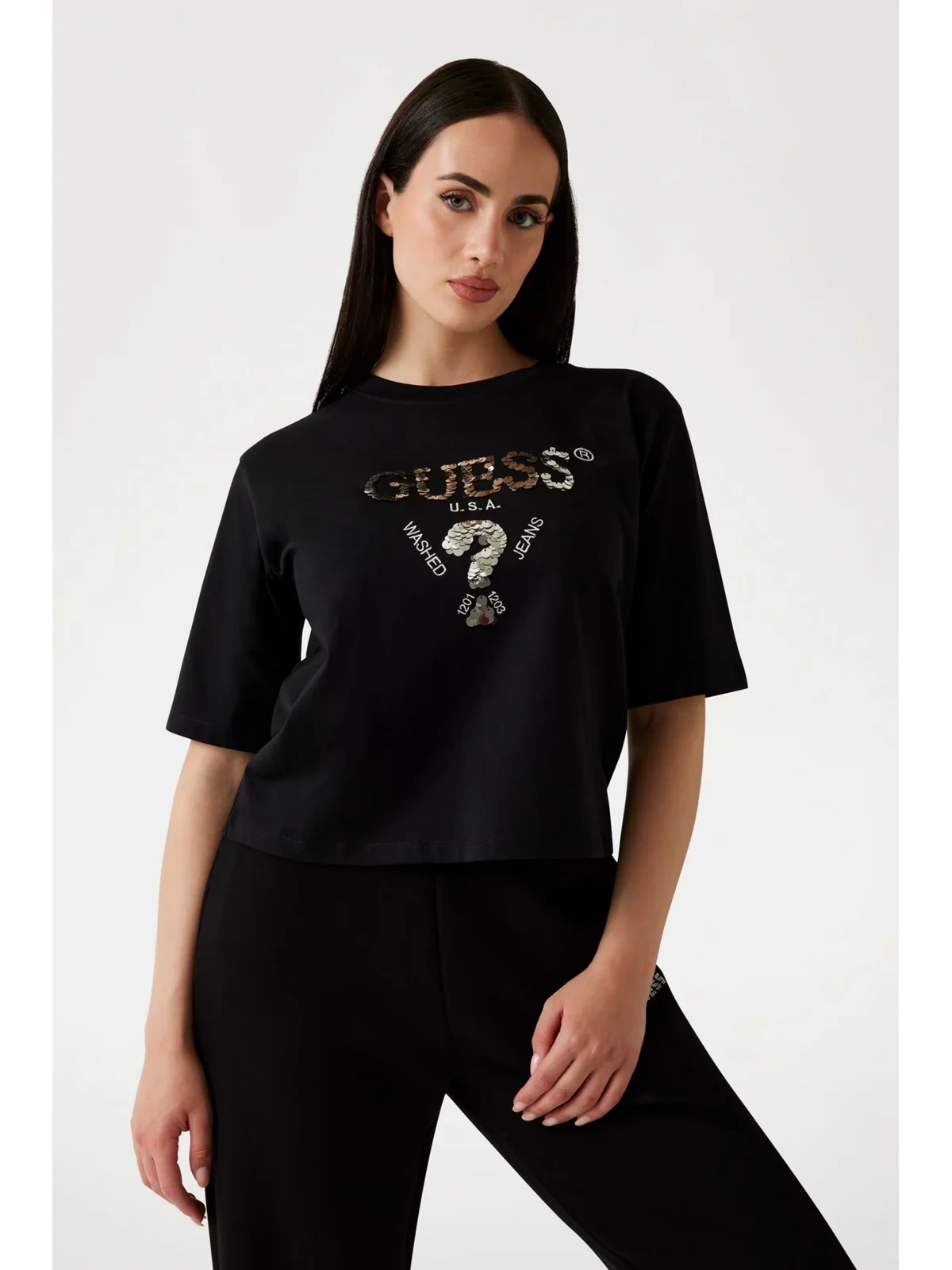 GUESS SPORT T-shirt Donna AURELIE BOXY TEE V4YI06 I3Z14 FJ8N BLACK AND SALT MULTI - Image 2