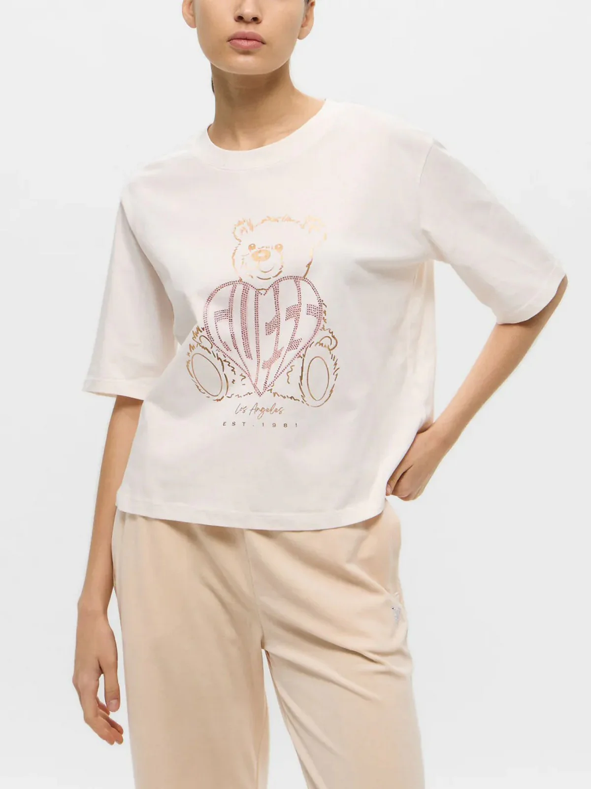 GUESS SPORT T-shirt Donna RHINESTONE BEAR BOXY V5RI09 I3Z14 G6K5 Bianco - Image 2