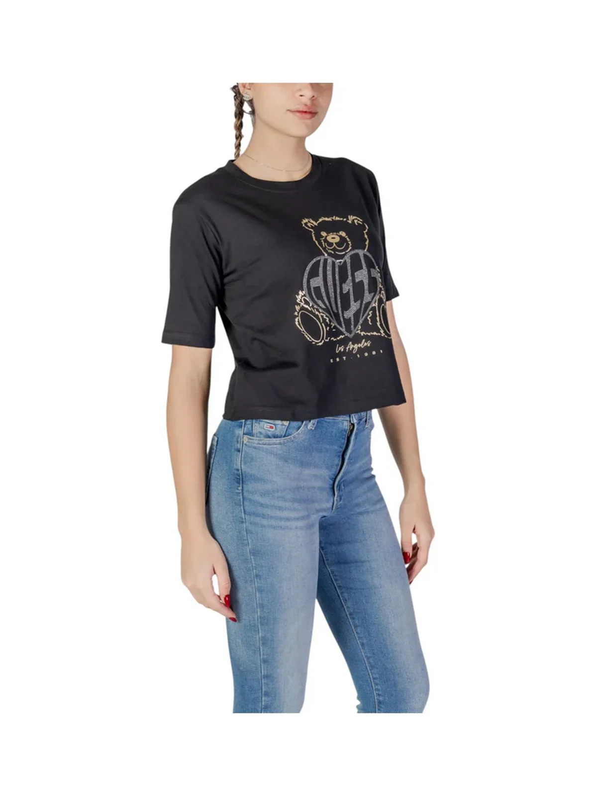 GUESS SPORT T-shirt Donna RHINESTONE BEAR BOXY V5RI09 I3Z14 JBLK Nero - Image 2