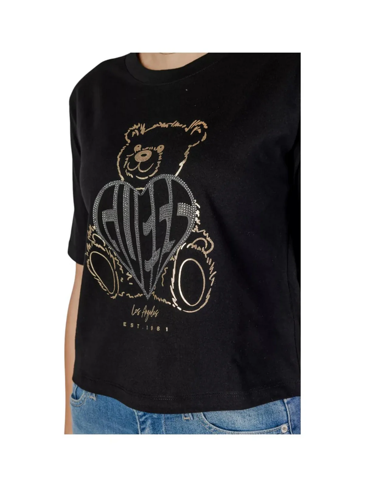 GUESS SPORT T-shirt Donna RHINESTONE BEAR BOXY V5RI09 I3Z14 JBLK Nero - Image 4