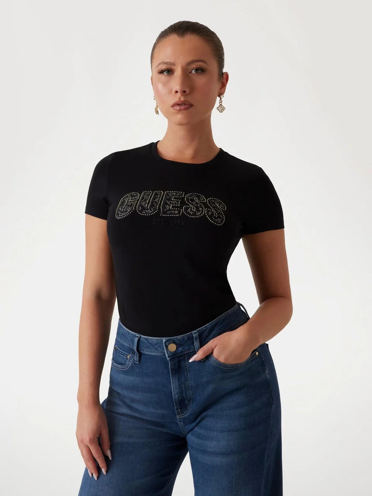 GUESS T-shirt Donna CN SS LOGO LACE TEE W5GI04 J1314 JBLK Nero - Image 2