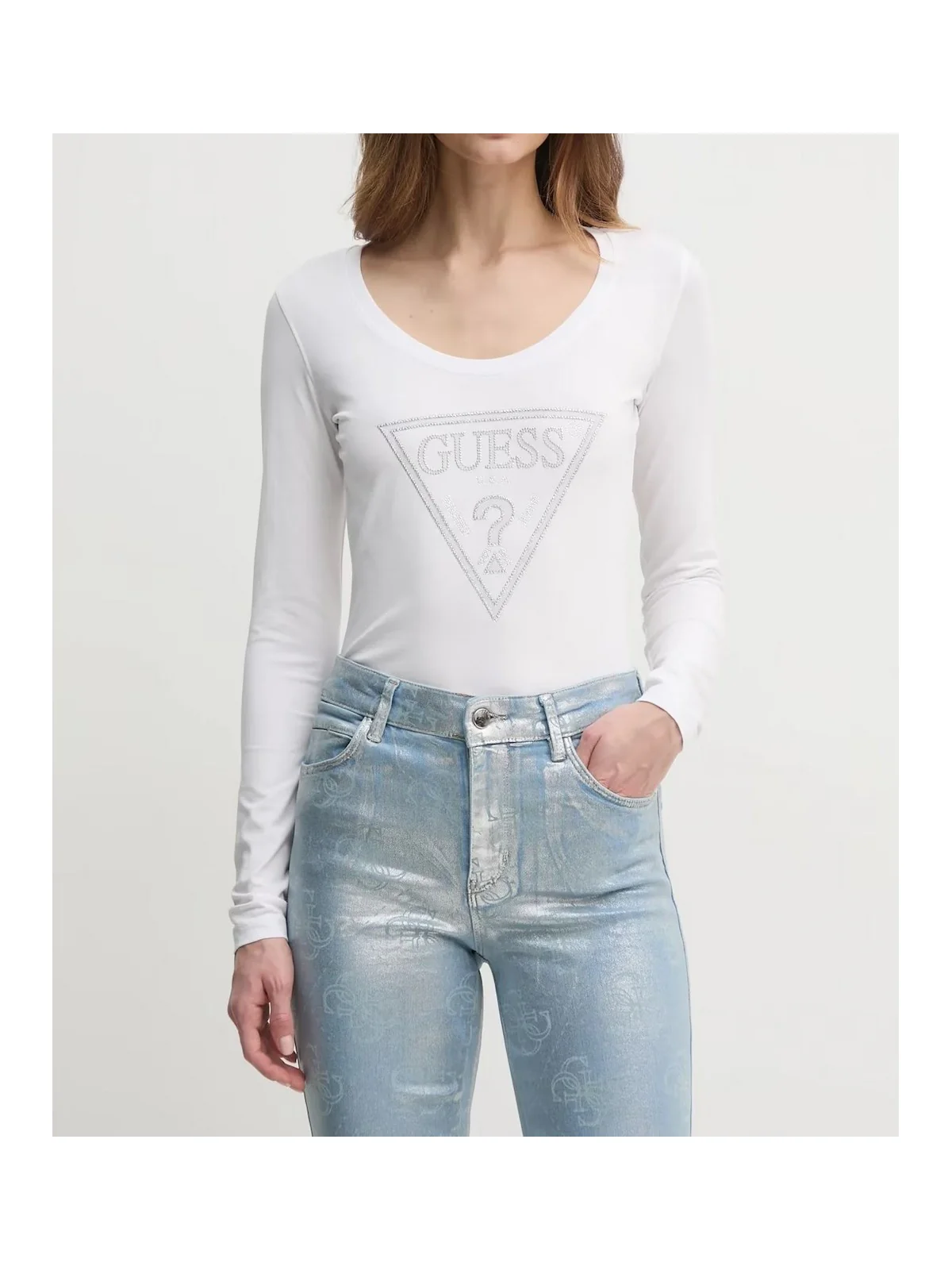 GUESS T-shirt Donna LS CN SHINY TRIANGLE TEE W5RI65 J1314 G011 PURE WHITE - Image 4