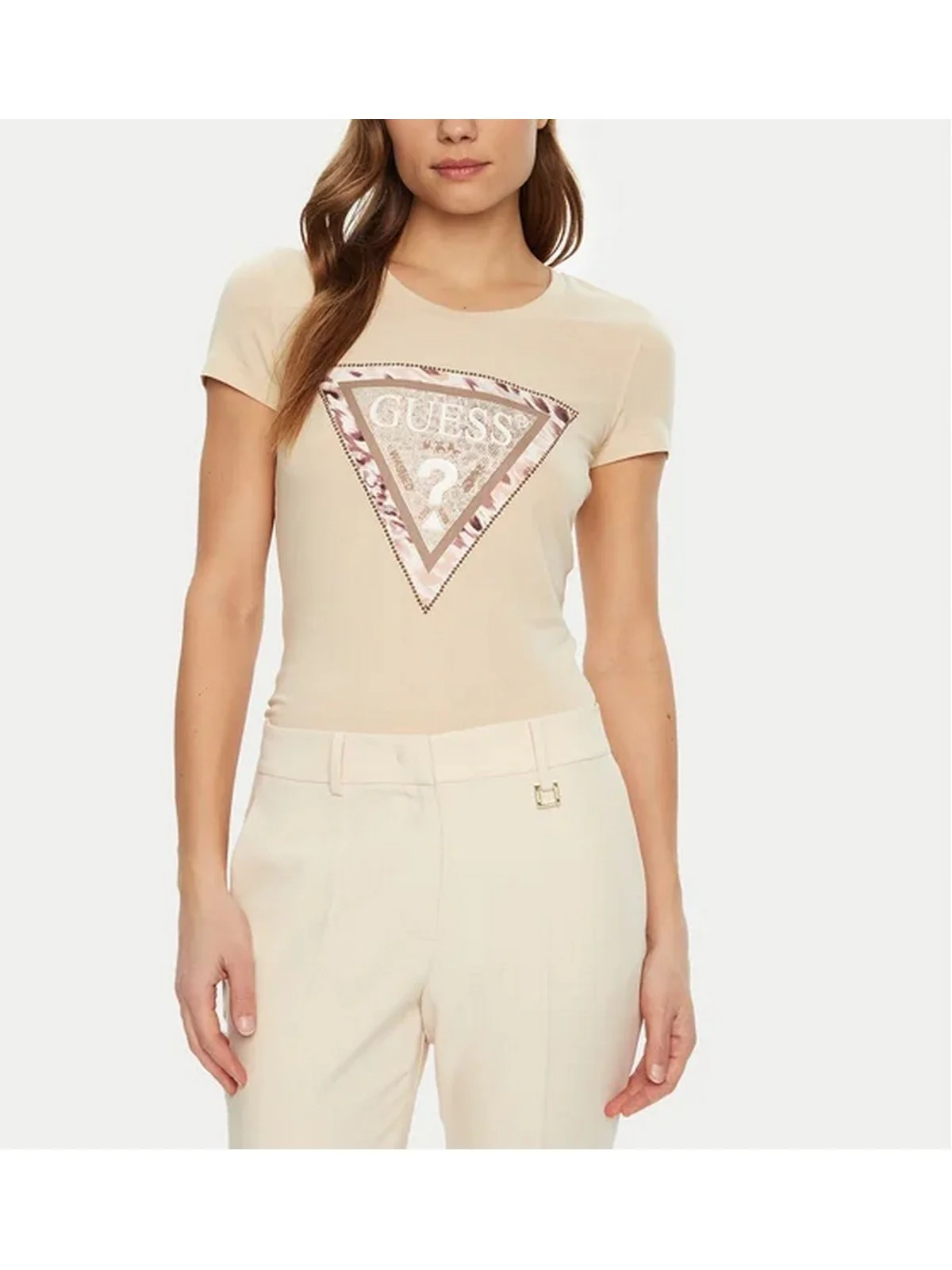 GUESS T-shirt Donna SS CN CHEETA LOGO TRIANGLE TEE W5RI22 J1314 G1M5 PEARL OYSTER - Image 2
