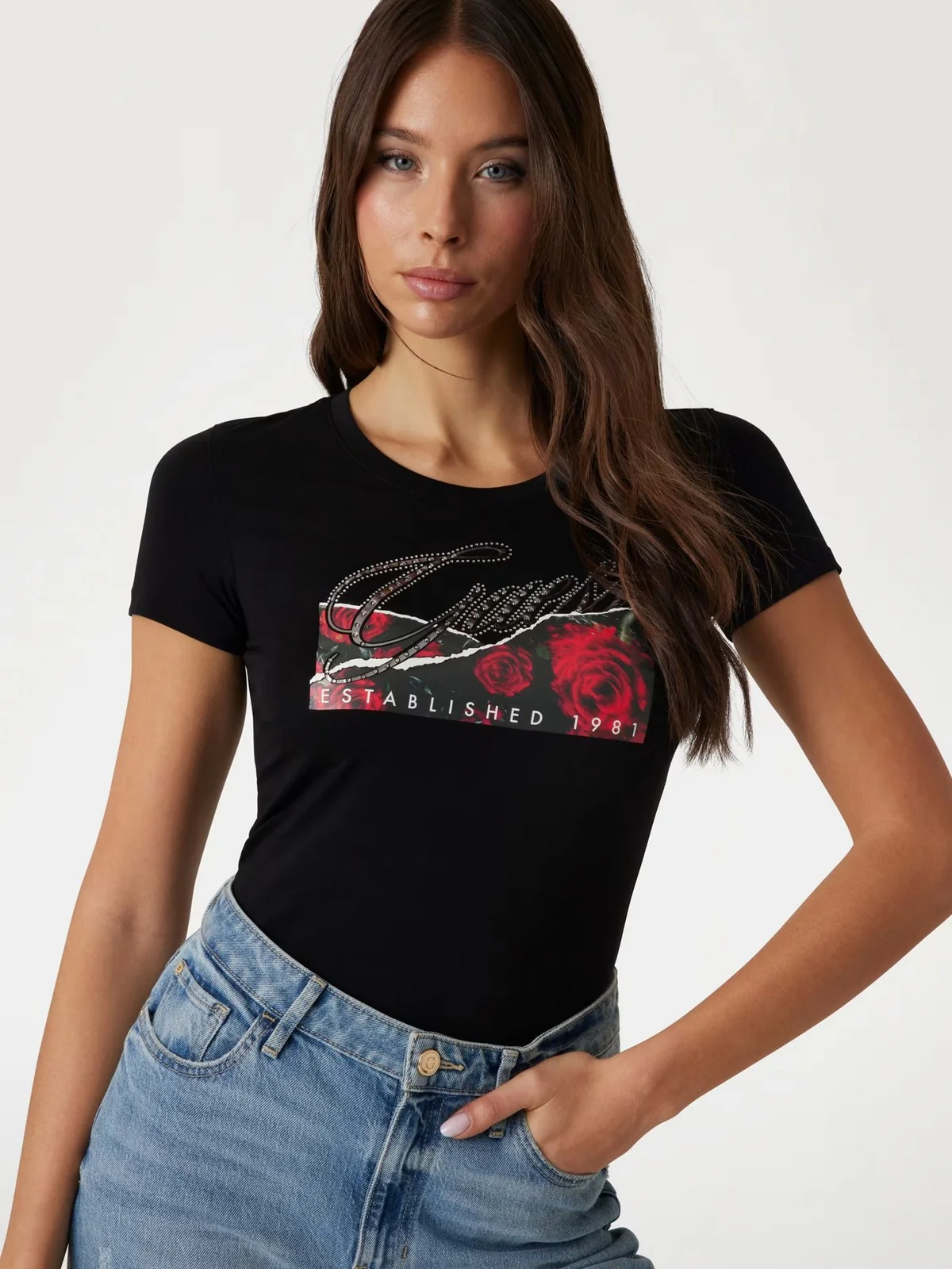 GUESS T-shirt Donna SS CN ROSES PRINT W5RI03 J1314 JBLK Nero - Image 2