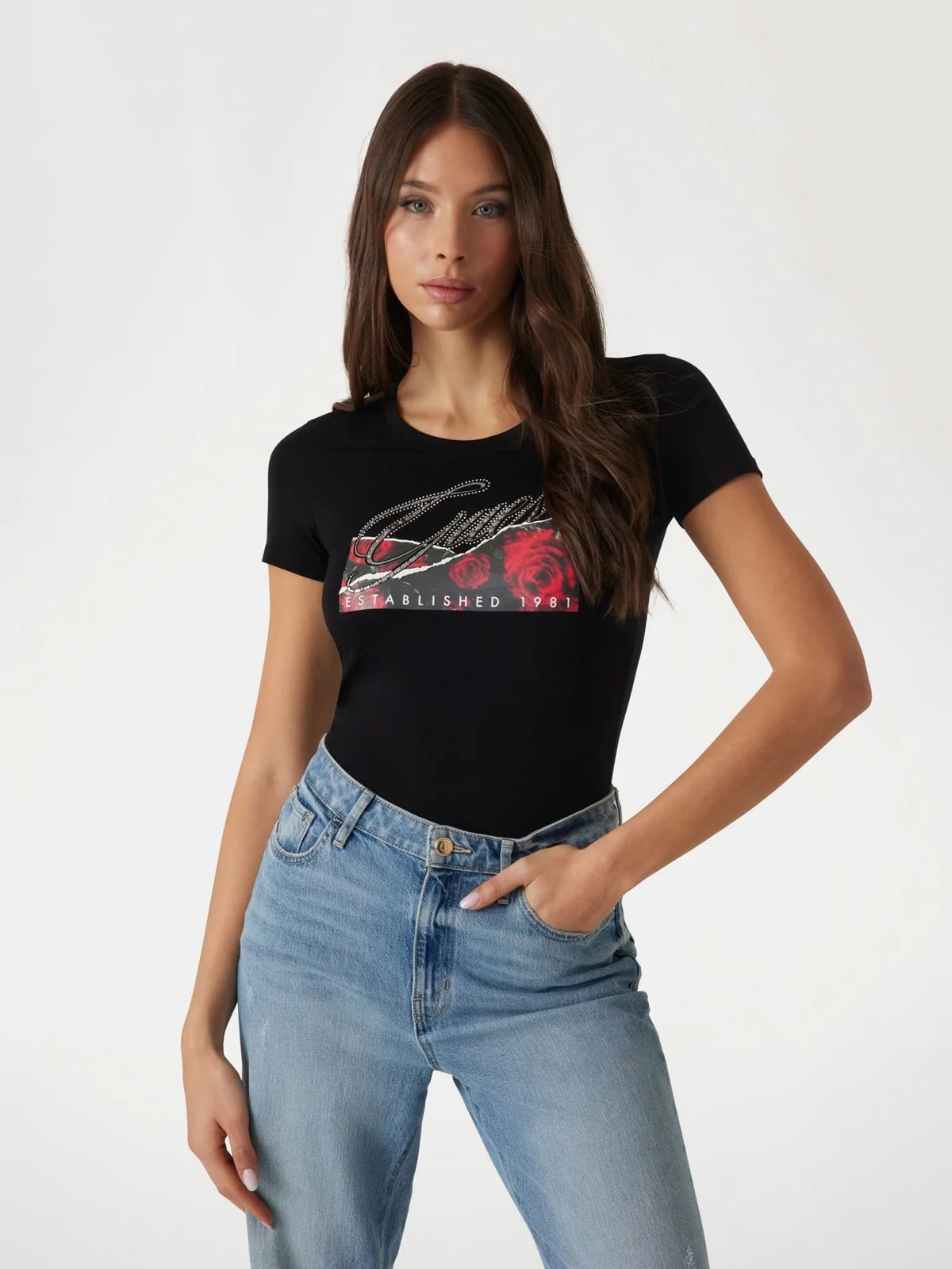 GUESS T-shirt Donna SS CN ROSES PRINT W5RI03 J1314 JBLK Nero - Image 4