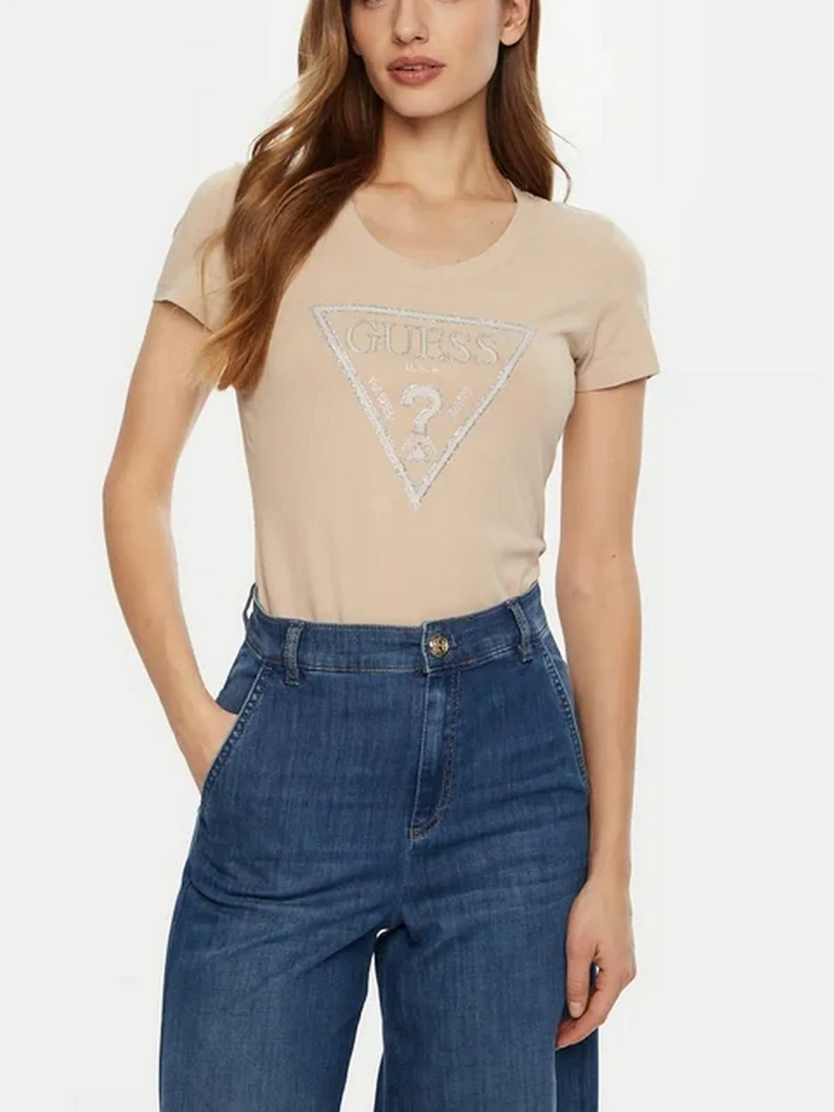 GUESS T-shirt Donna SS CN SHINY TRIANGLE TEE W5RI11 J1314 A90F CEMENTO - Image 2
