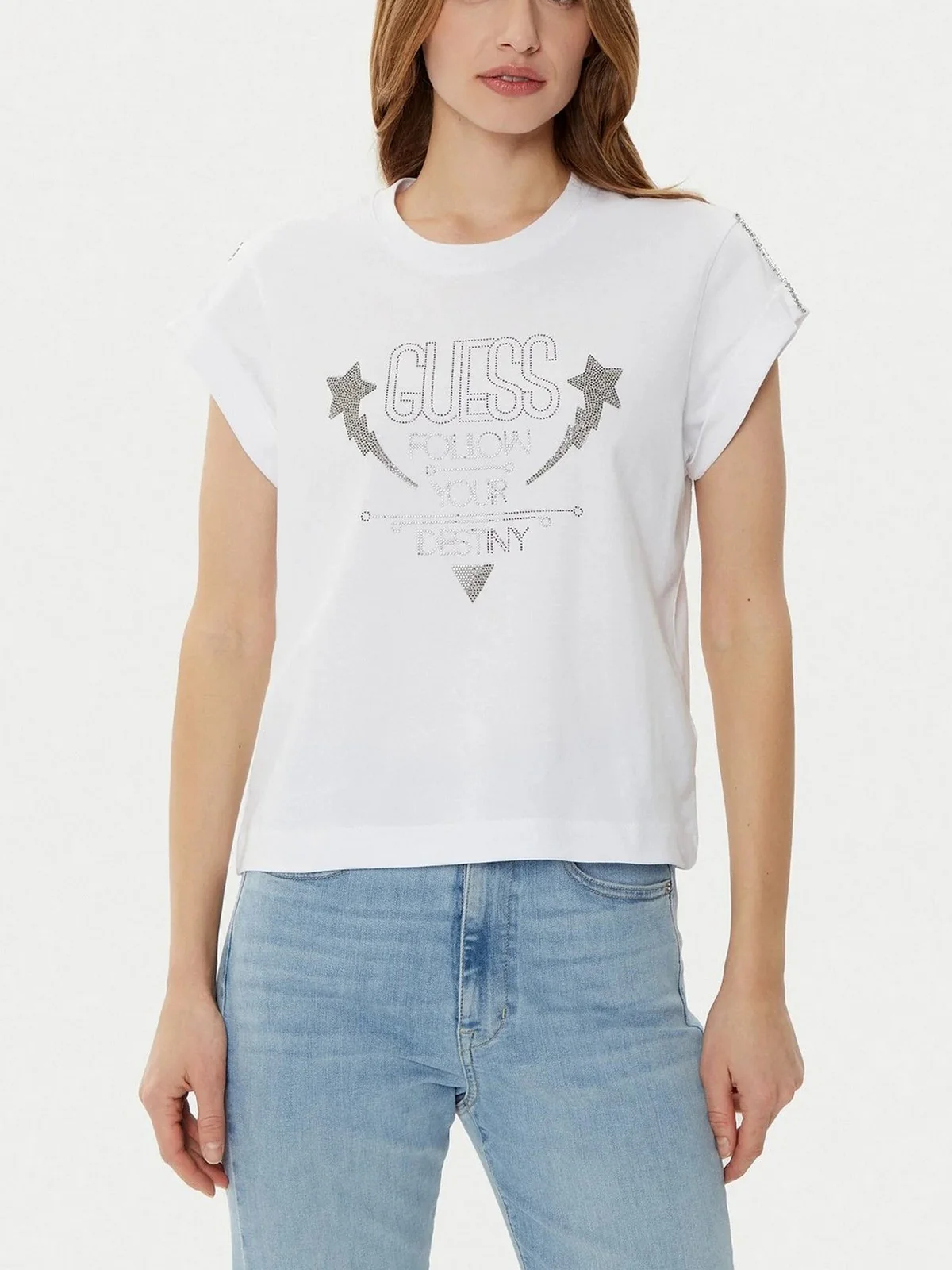 GUESS T-shirt Donna SS CN SLEEVES STRASS DETAIL W5RI06 I3Z14 G011 Bianco - Image 2
