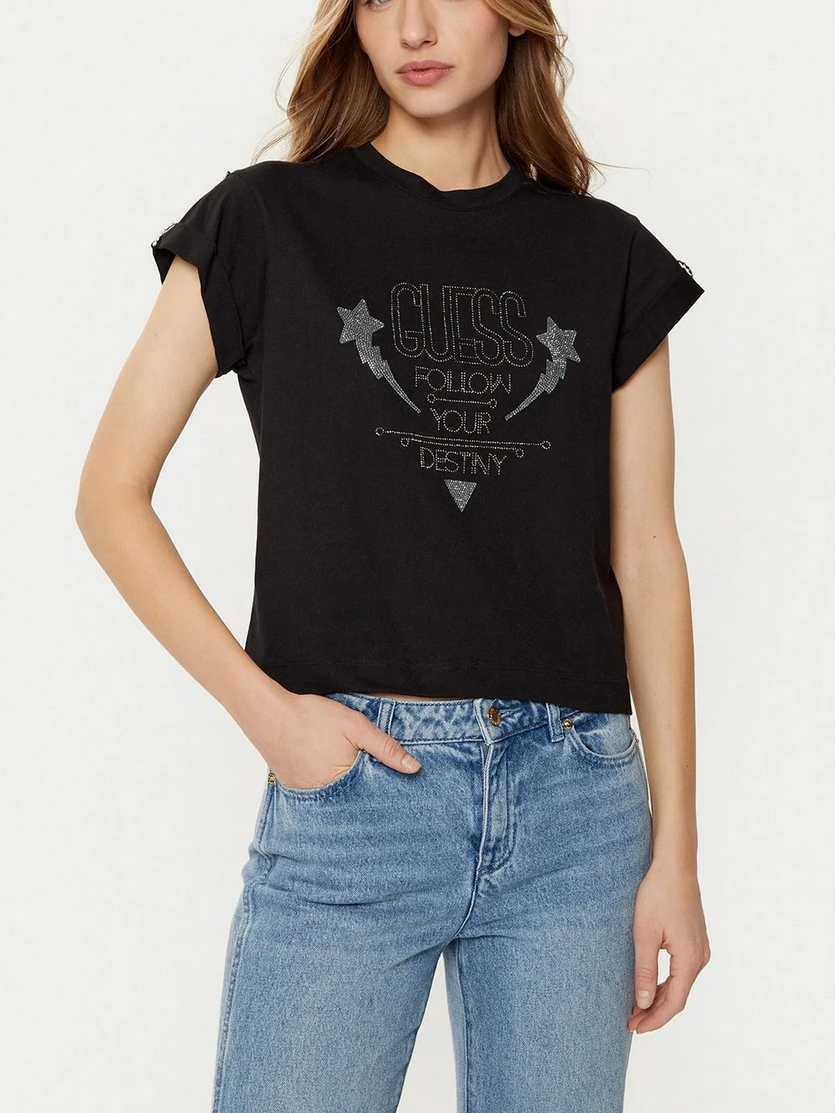GUESS T-shirt Donna SS CN SLEEVES STRASS DETAIL W5RI06 I3Z14 JBLK Nero - Image 2