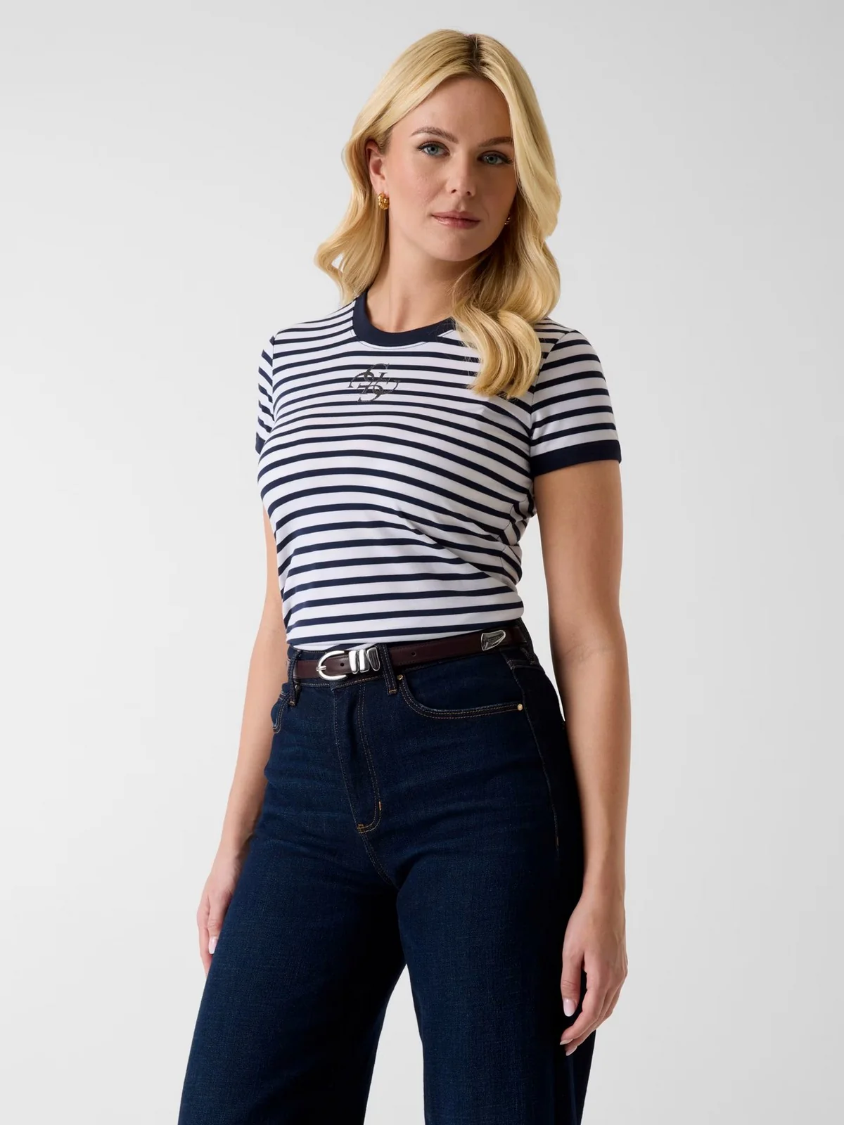 GUESS T-shirt Donna SS CN STRIPED MINI 4G LOGO TEE W6GI18 K3040 SM1L BLACKENED BLUE AND W - Image 2