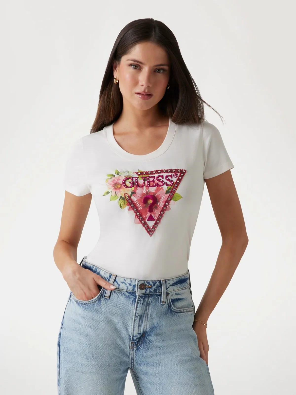 GUESS T-shirt Donna SS CN TRIANGLE BEADS TEE W5GI10 J1314 G012 Bianco - Image 2