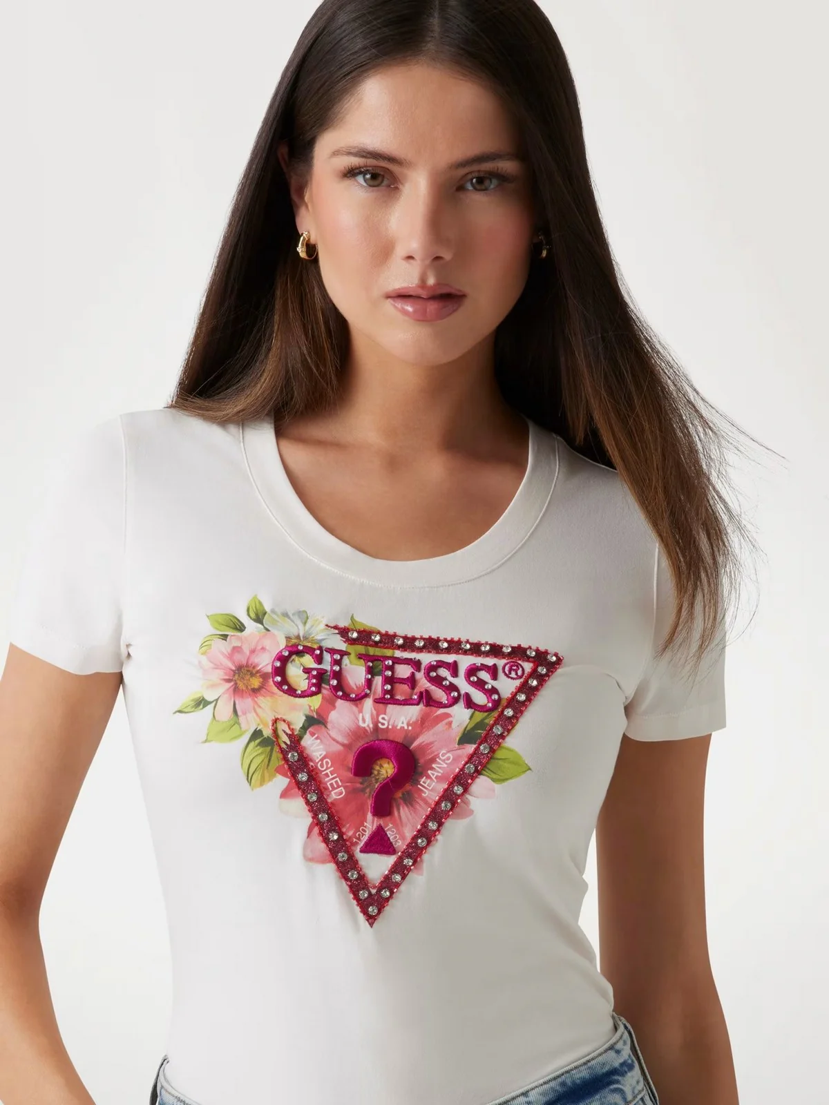 GUESS T-shirt Donna SS CN TRIANGLE BEADS TEE W5GI10 J1314 G012 Bianco - Image 4