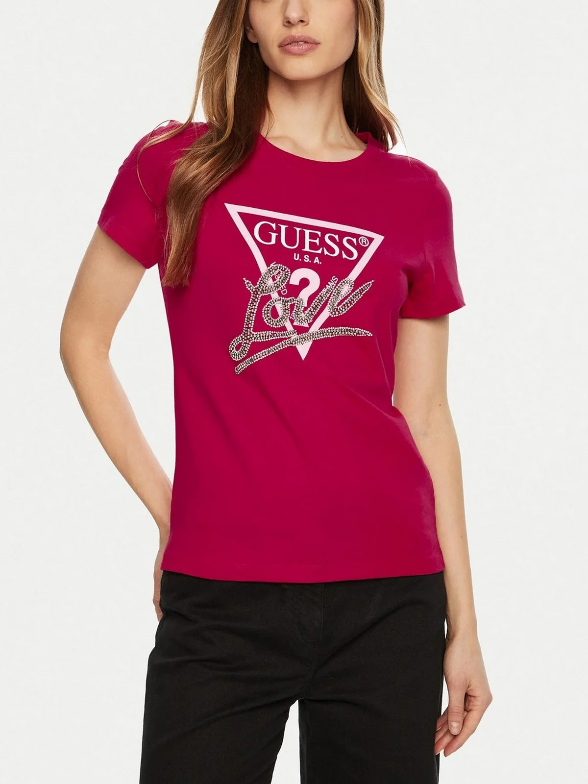 GUESS T-shirt Donna SS CN TRIANGLE LOVE TEE W5RI10 I3Z14 G574 Rosso - Image 2
