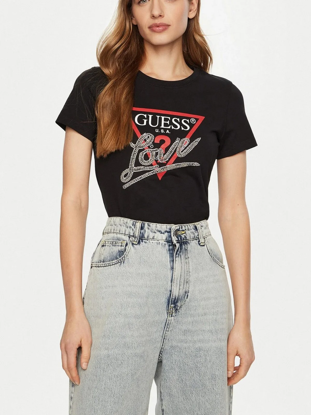 GUESS T-shirt Donna SS CN TRIANGLE LOVE TEE W5RI10 I3Z14 JBLK Nero - Image 2