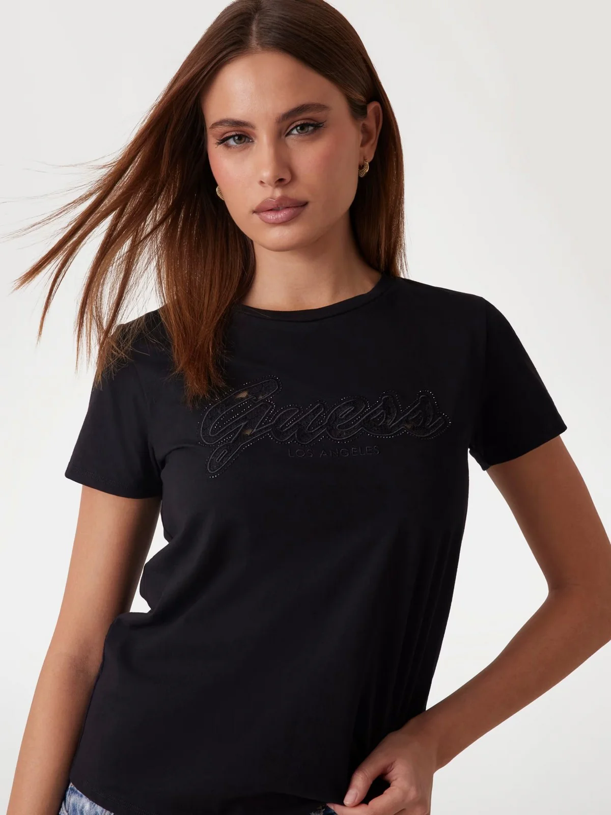 GUESS T-shirt Donna SS SCRIPT LACE LOGO EASY TEE W5RI08 K9RM1 JBLK Nero - Image 3
