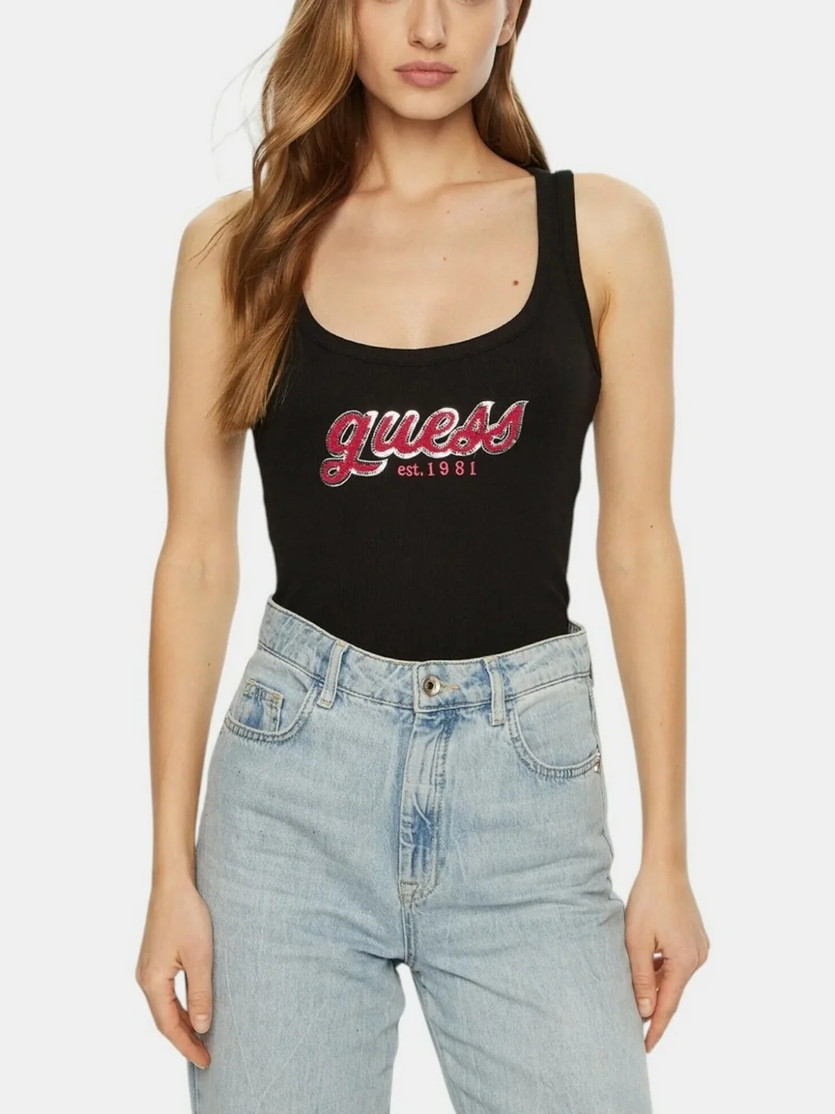GUESS Top Donna CHENILLE LOGO TANK TOP RIB W5RP03 KA0H1 JBLK Nero - Image 2