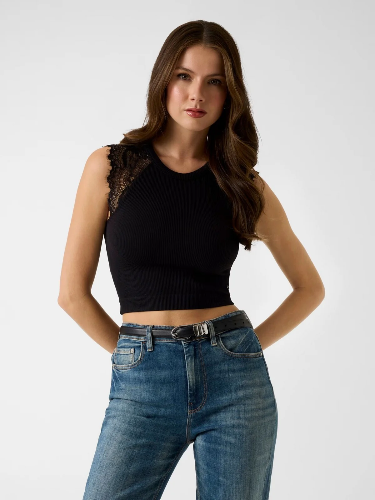 GUESS Top Donna MILLIE SEAMLESS LACE SWTR TOP W6GZ01 Z0606 JBLK Jet Black A996 - Image 2