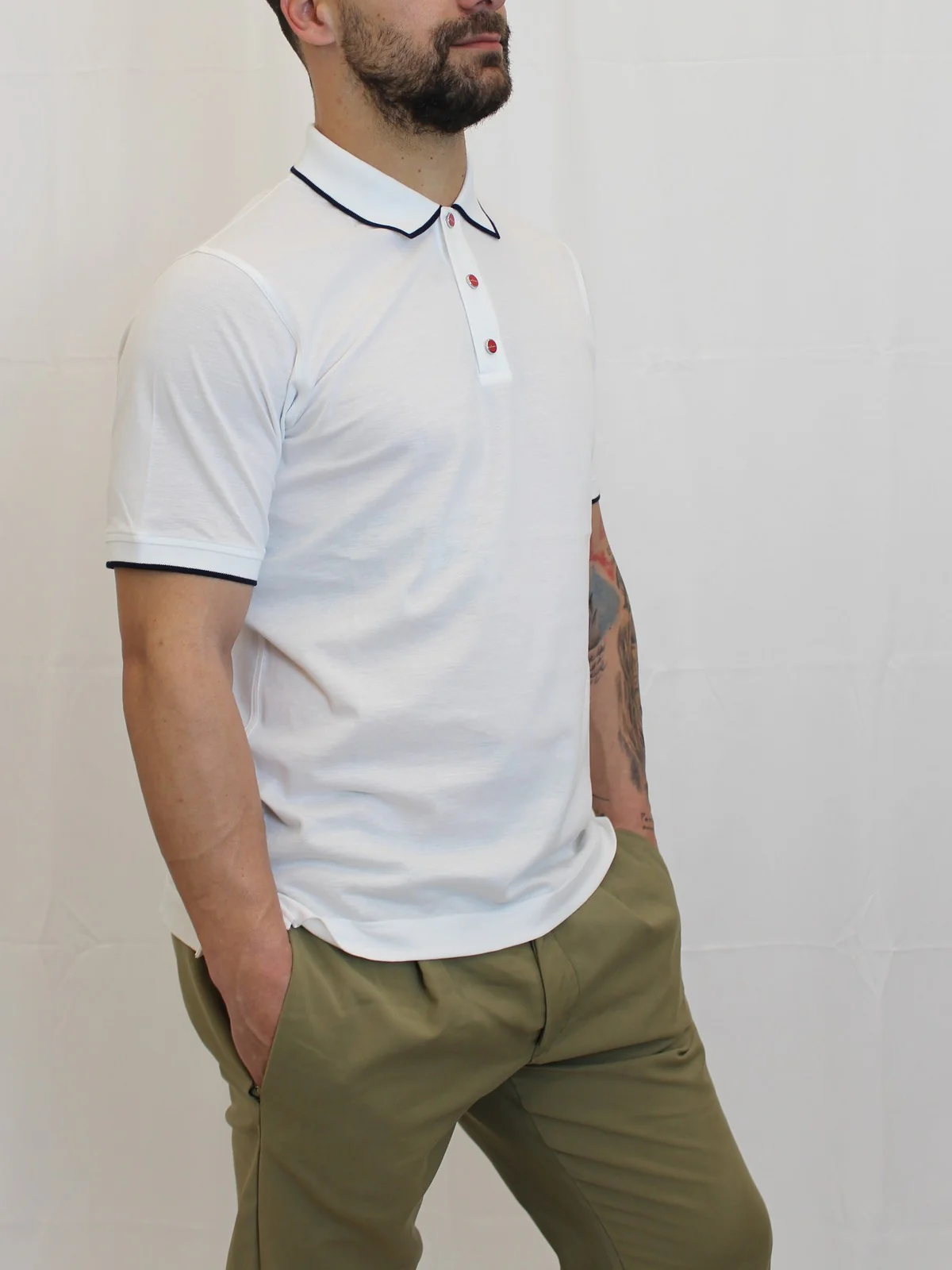 KITON Polo Uomo  UMK1369A0011002 WHITE/BLUE Bianco - Image 3
