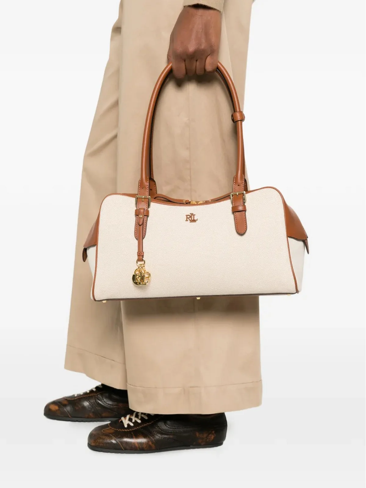 LAUREN RALPH LAUREN Borsa Donna MRCY ZP SCHL-SATCHEL-LARGE 431P06078 001 NTRL/BUFF CANVAS/LAUREN TAN - Image 5