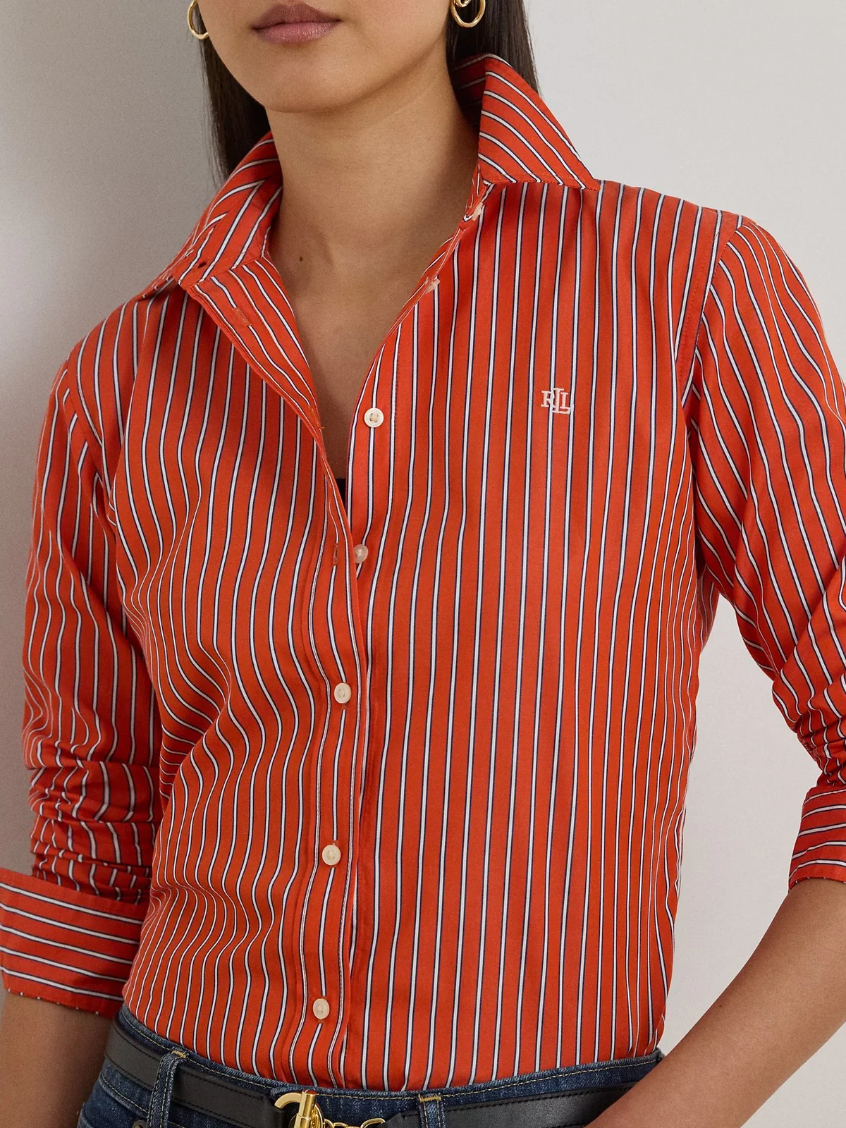 LAUREN RALPH LAUREN Camicia Donna JAMELKO-LONG SLEEVE-BUTTON FRONT SHIRT 200P03511 001 ORANGE/BLUE/WHITE - Image 4