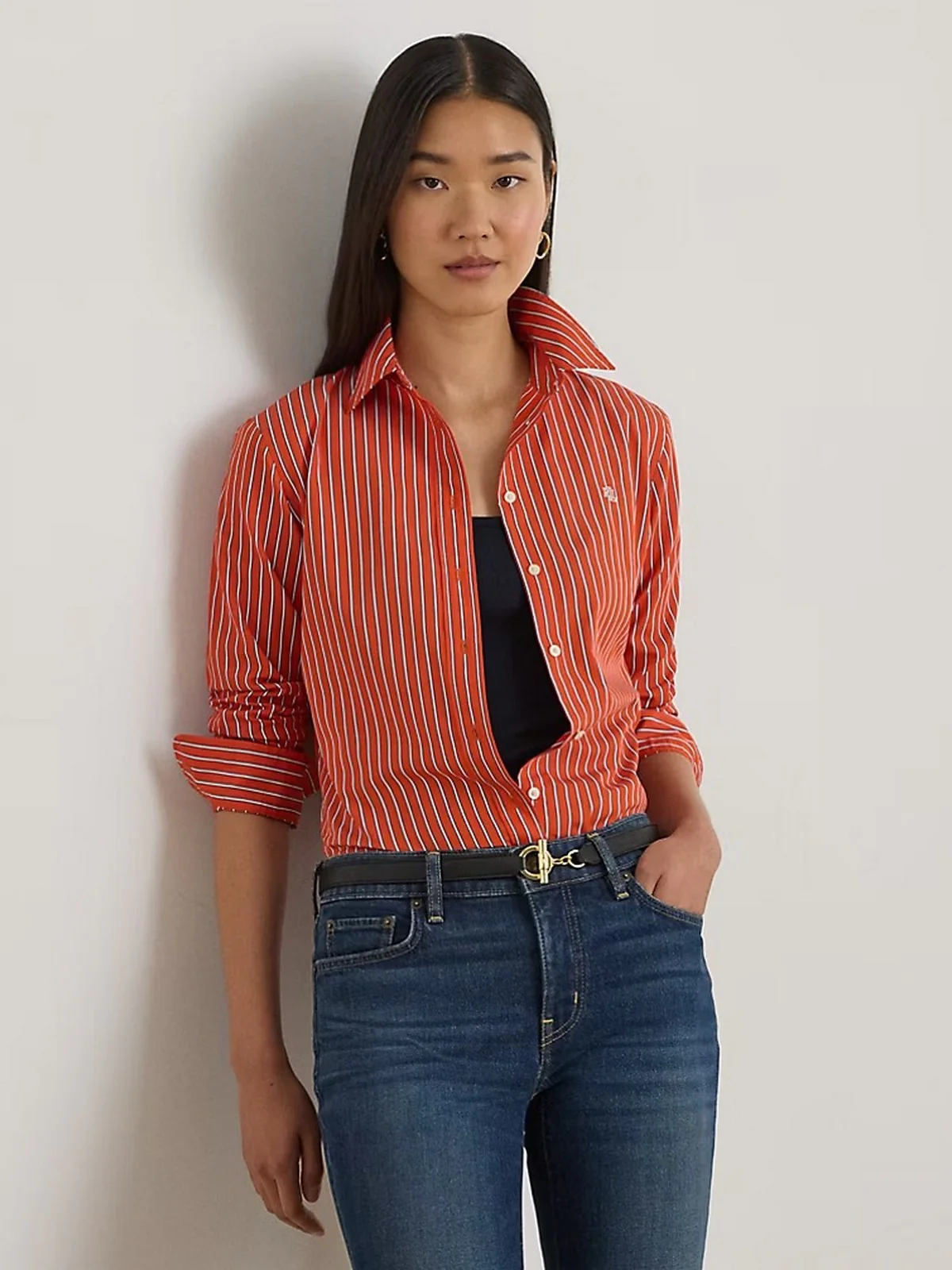 LAUREN RALPH LAUREN Camicia Donna JAMELKO-LONG SLEEVE-BUTTON FRONT SHIRT 200P03511 001 ORANGE/BLUE/WHITE - Image 5