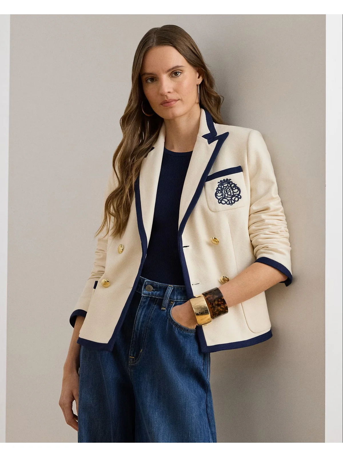 LAUREN RALPH LAUREN Giacca Donna KNIT-BLAZER/SPORT COAT 200P09081 001 MASCARPONE CREAM/REFINED NAVY - Image 4