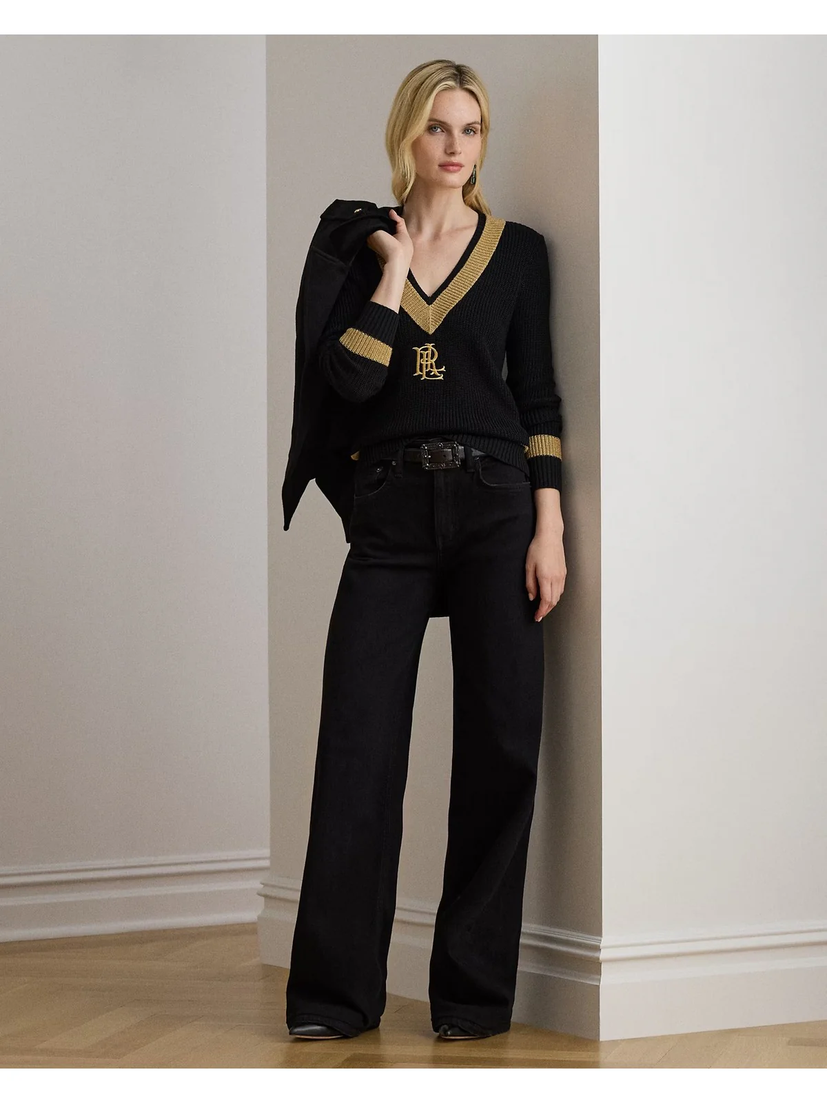 LAUREN RALPH LAUREN Maglione Donna MEREN-LONG SLEEVE-PULLOVER 200979666 001 BLACK/RELIC GOLD METALLIC - Image 2