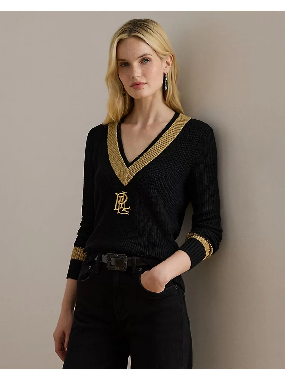 LAUREN RALPH LAUREN Maglione Donna MEREN-LONG SLEEVE-PULLOVER 200979666 001 BLACK/RELIC GOLD METALLIC - Image 5