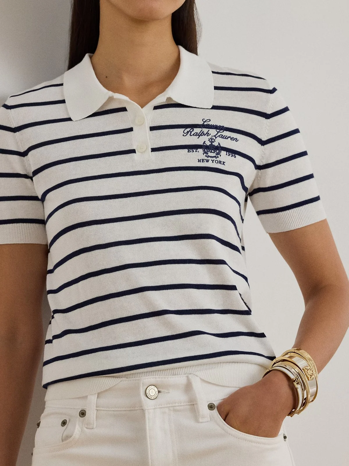 LAUREN RALPH LAUREN Polo Donna NATRISSA-SHORT SLEEVE-PULLOVER 200P03506 001 WHITE/REFINED NAVY - Image 4