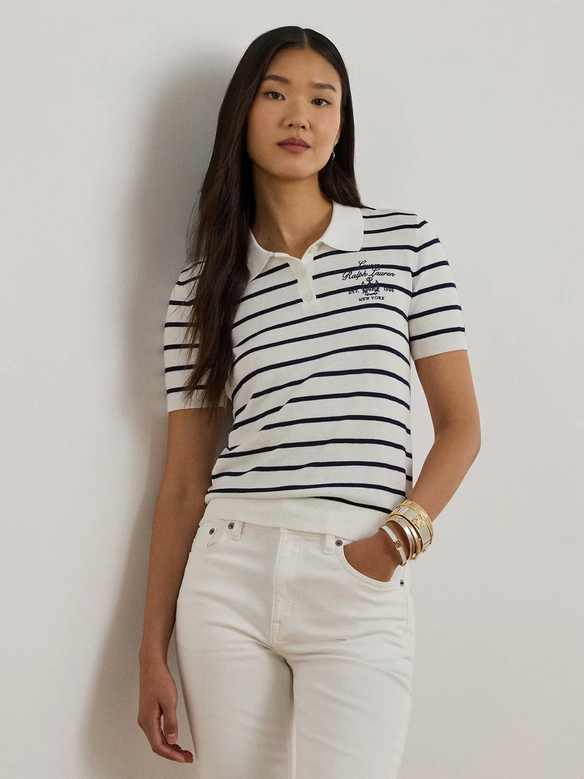 LAUREN RALPH LAUREN Polo Donna NATRISSA-SHORT SLEEVE-PULLOVER 200P03506 001 WHITE/REFINED NAVY - Image 5