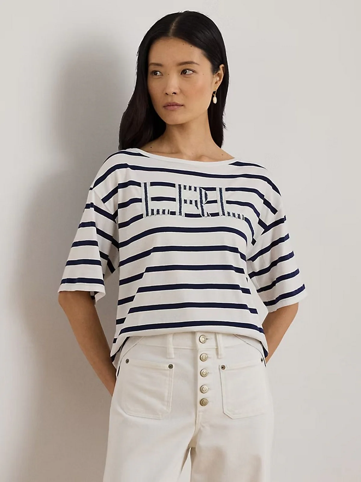 LAUREN RALPH LAUREN T-shirt Donna VAUDEN-SHORT SLEEVE-T-SHIRT 200P03752 002 WHITE/REFINED NAVY - Image 5