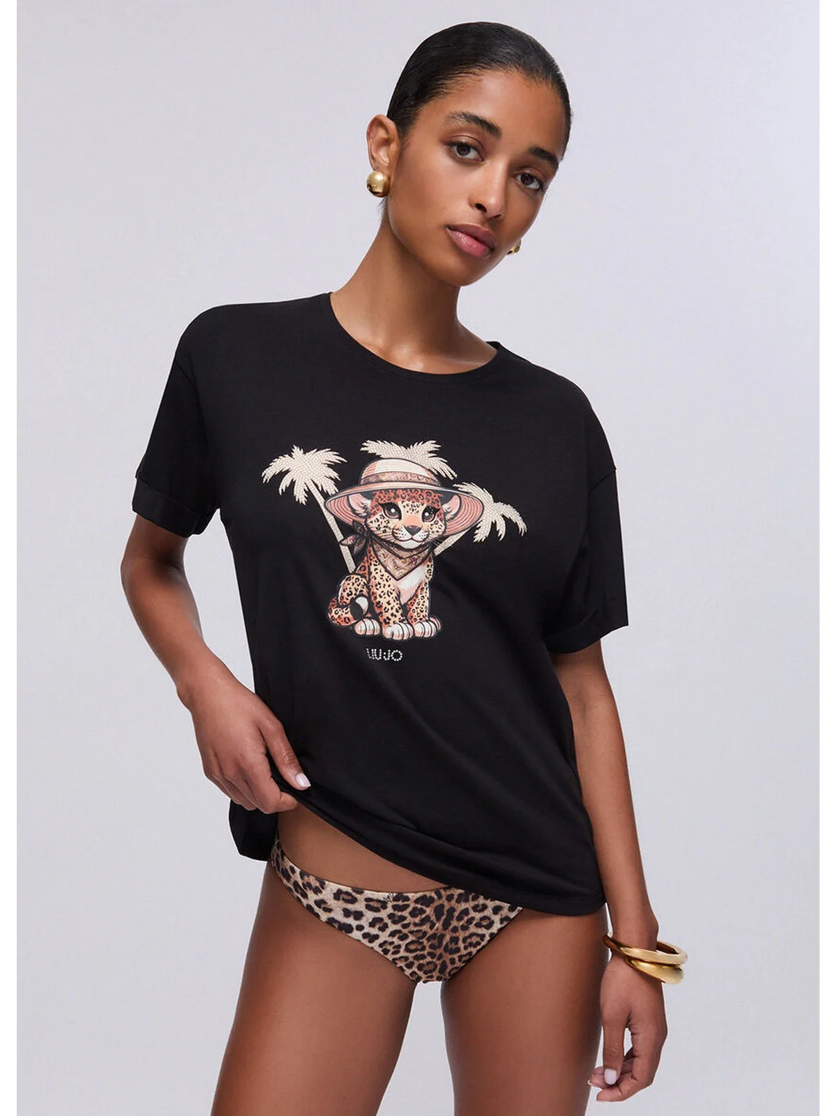 LIU JO BEACHWEAR T-shirt Donna  VA6170JS003 P9494 Nero/small leopard - Image 7