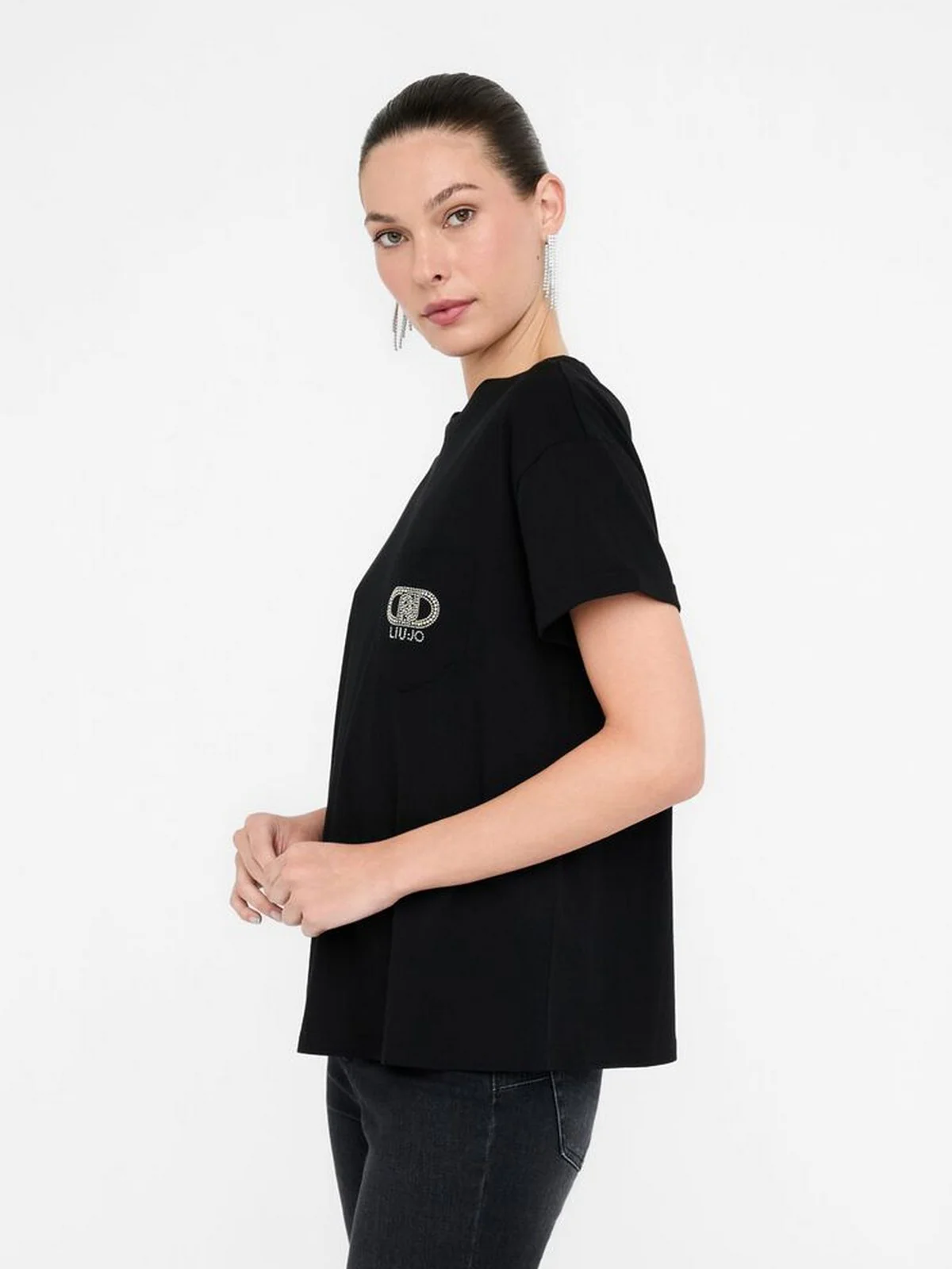 LIU JO BLUE DENIM T-shirt Donna  UF5257JS904 M9786 Nero/LiuJo oval - Image 4
